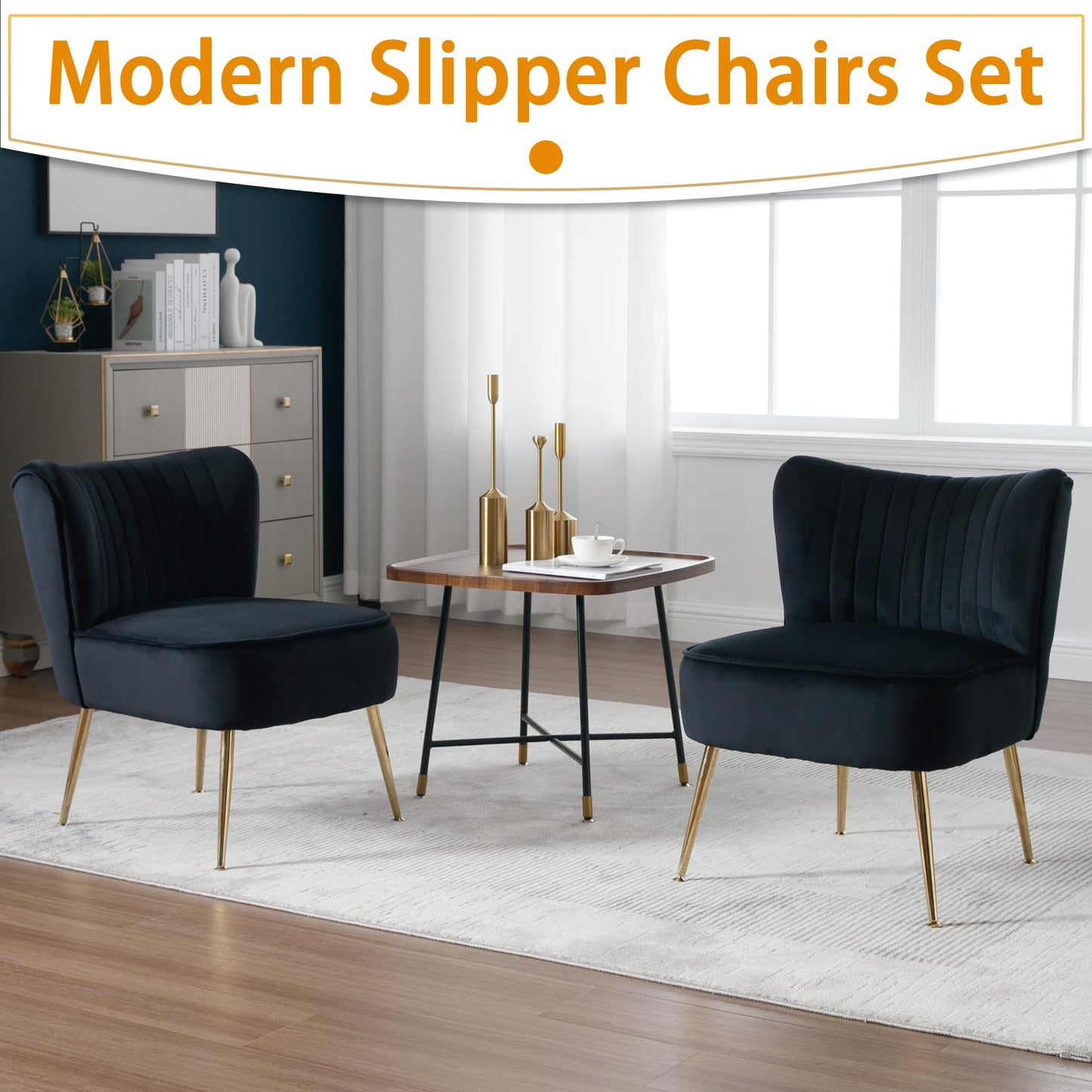ABET Accent Chairs Set of 2, Velvet Armless Living Room Chairs with Tufted Wingback Thicken Cushion Gold Metal Legs, Comfy Upholstered Side Chairs Slipper Chairs Club Chairs for Bedroom, Beige