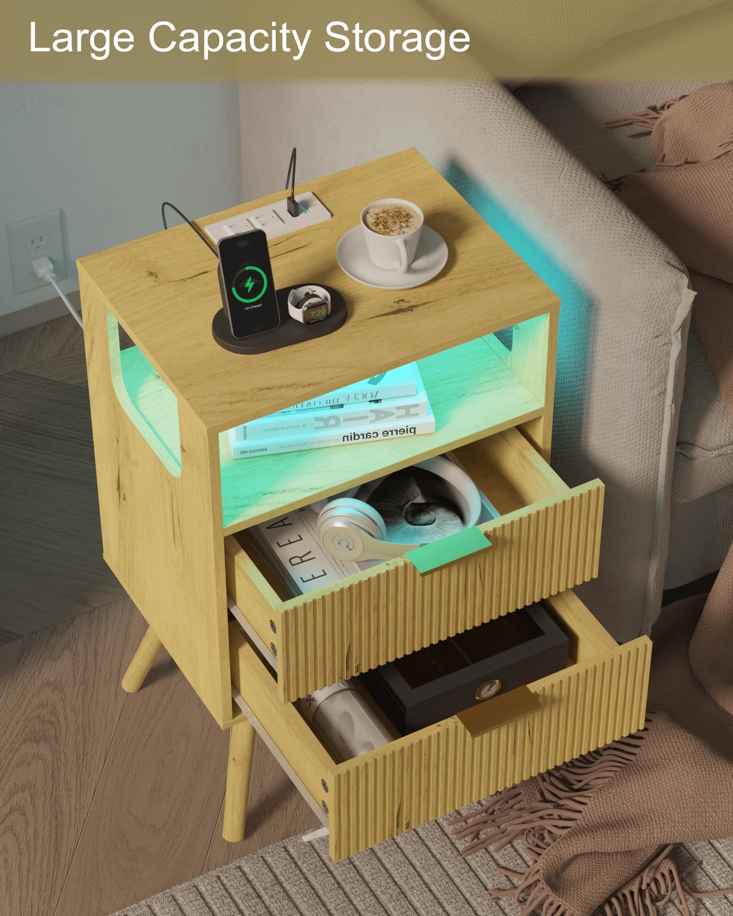Nightstand with Charging Station and LED Lights,Modern Bedside Table with 2 Storage Drawer and Open Wood Shelf, for Bedroom and Small Spaces,Night Stand with Solid Wood Legs,GreyOak