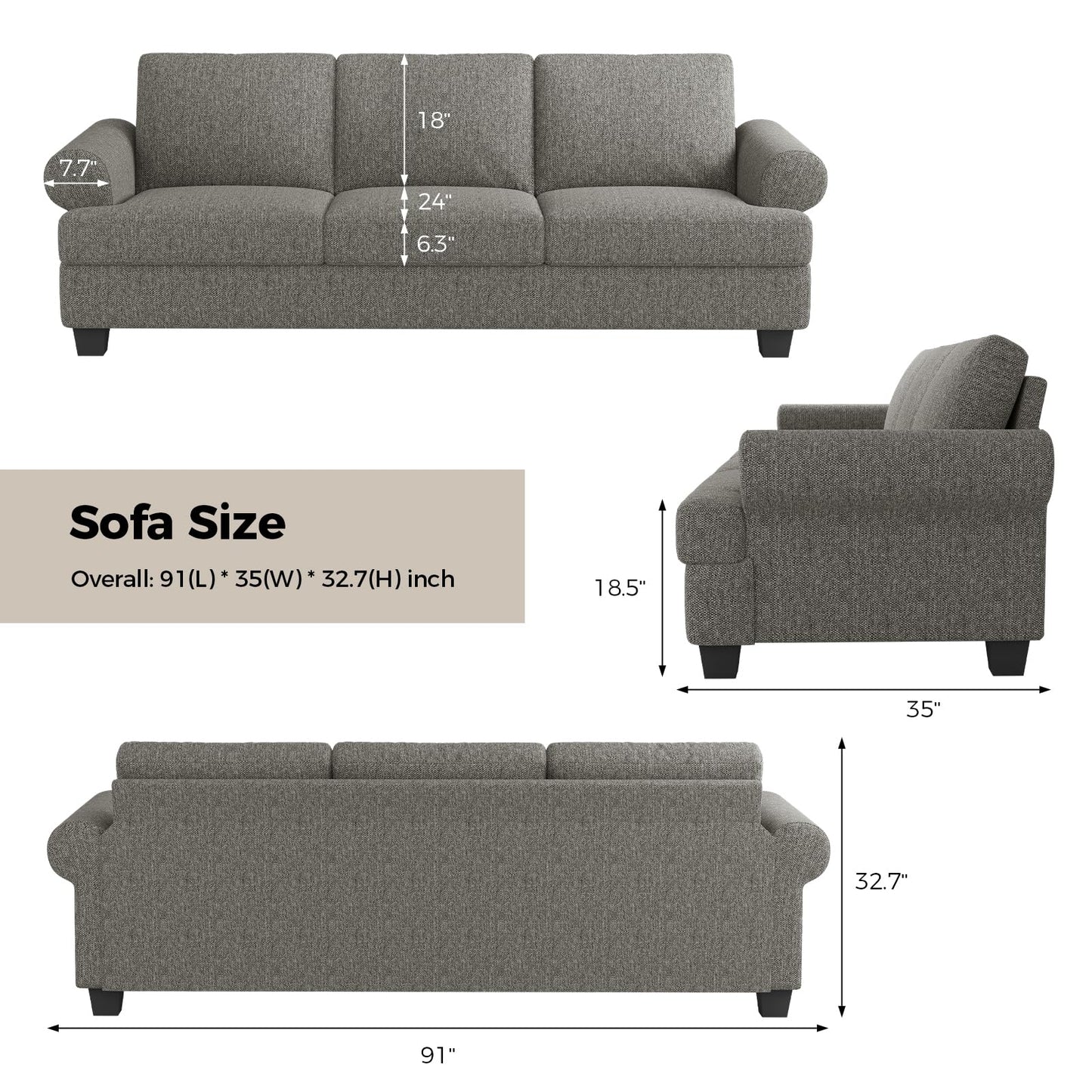 91 Inch Lawson Sofa with Extra Deep Seats Oversize, Mid-Century 3-Seat Sofa Couch, for Living Room, Apartment, Lounge, Dark Blue