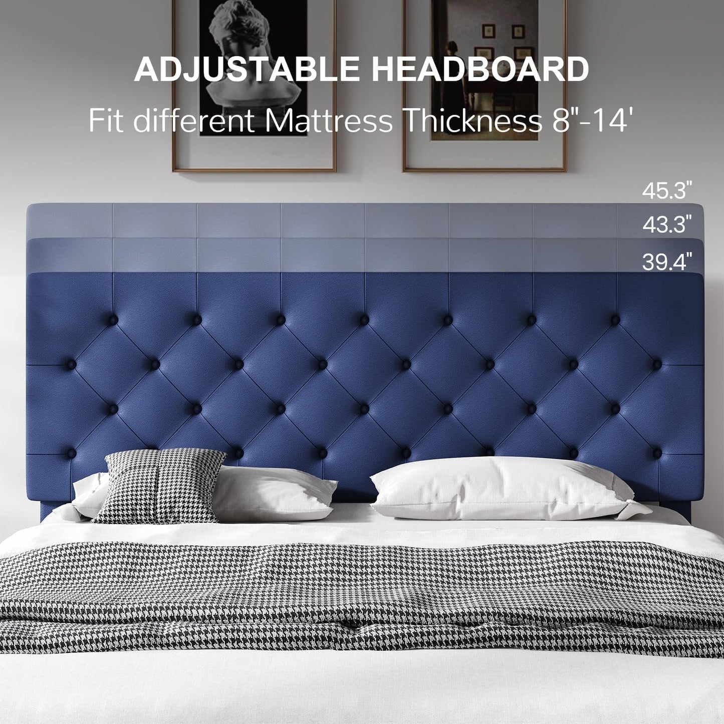 Queen Bed Frame with Headboard, Faux Leather Upholstered Platform Bed Frame, Blue Bed Frame Queen Size, Wooden Slat Support, No Box Spring Needed, Navy Blue