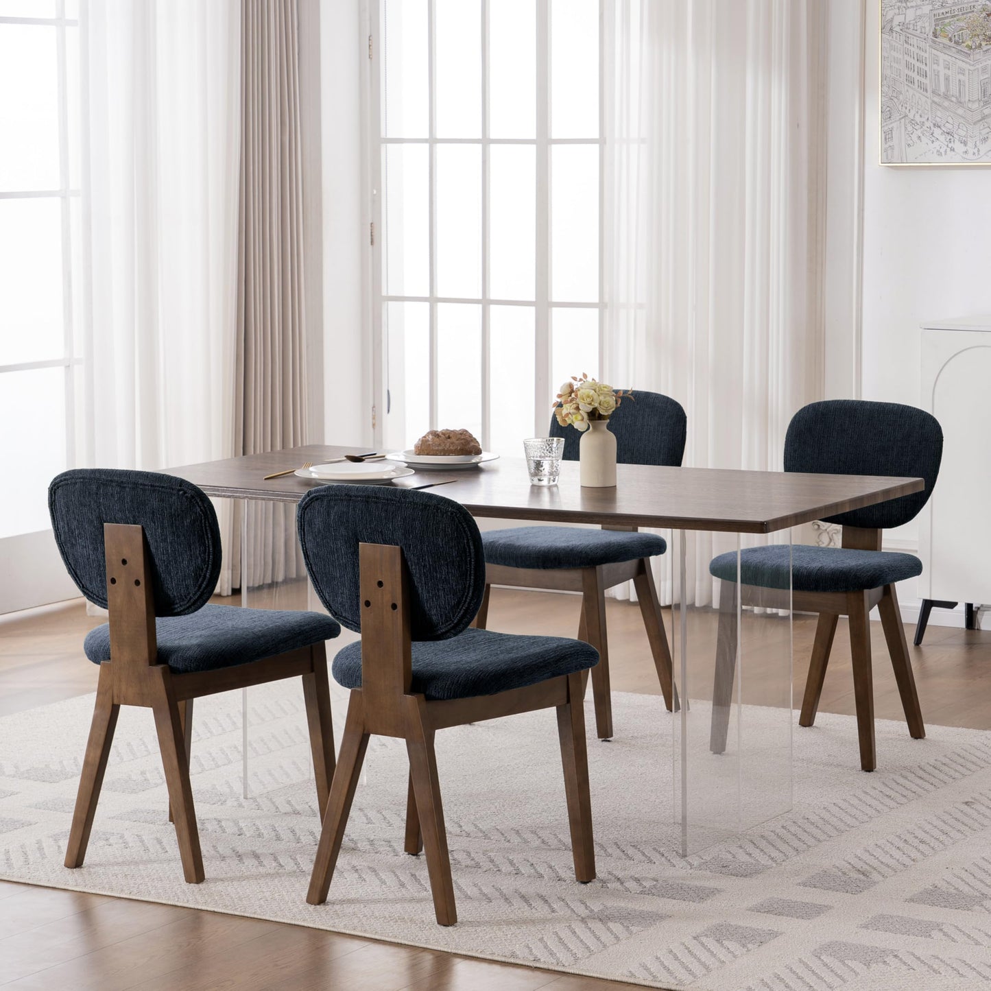 VKNOW Wooden Dining Chairs Set of 4, Mid Century Modern Upholstered Kitchen Side Chairs, Chenille Dining Room Chair with Curved Seat Backrest for Home Dining Room,Green