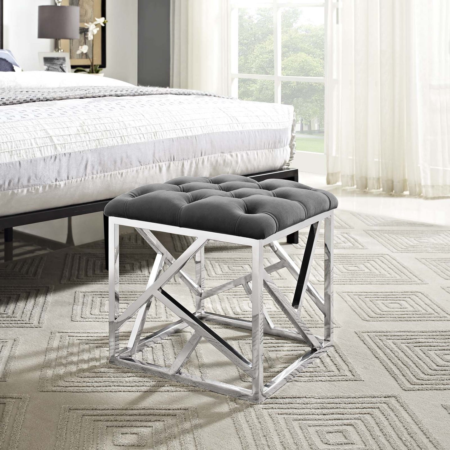 Modway intersperse Button-Tufted Contemporary Modern with Metallic Frame, Bench, Silver Gray