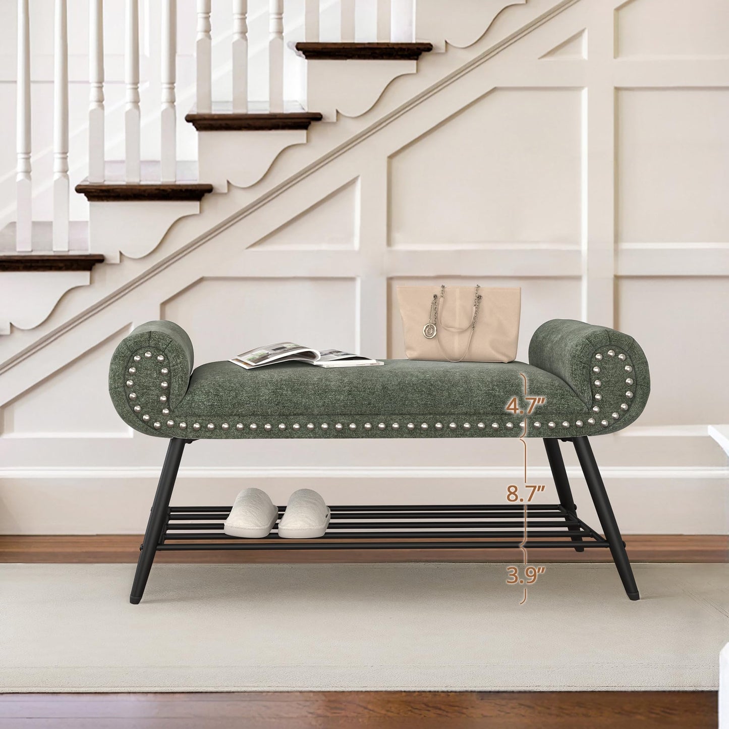 LUE BONA 45.3" End of Bed Bench, Modern Bedroom Leather Upholstered Shoe Benches, Ottoman with Stable Metal Frame and Solid Shelf for Bedroom, entryway, Living Room,Foyer, 330LB, Brown