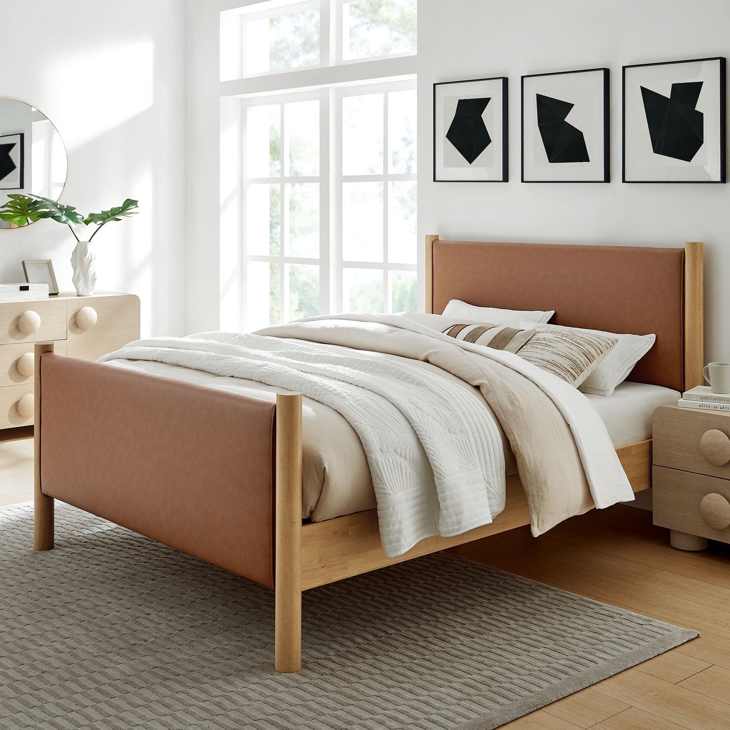 Modway Maven King Size Bed Frame in Tan Walnut with Faux Leather Upholstered Headboard and Footboard – Wood King Platform Bed Frame – No Box Spring Needed
