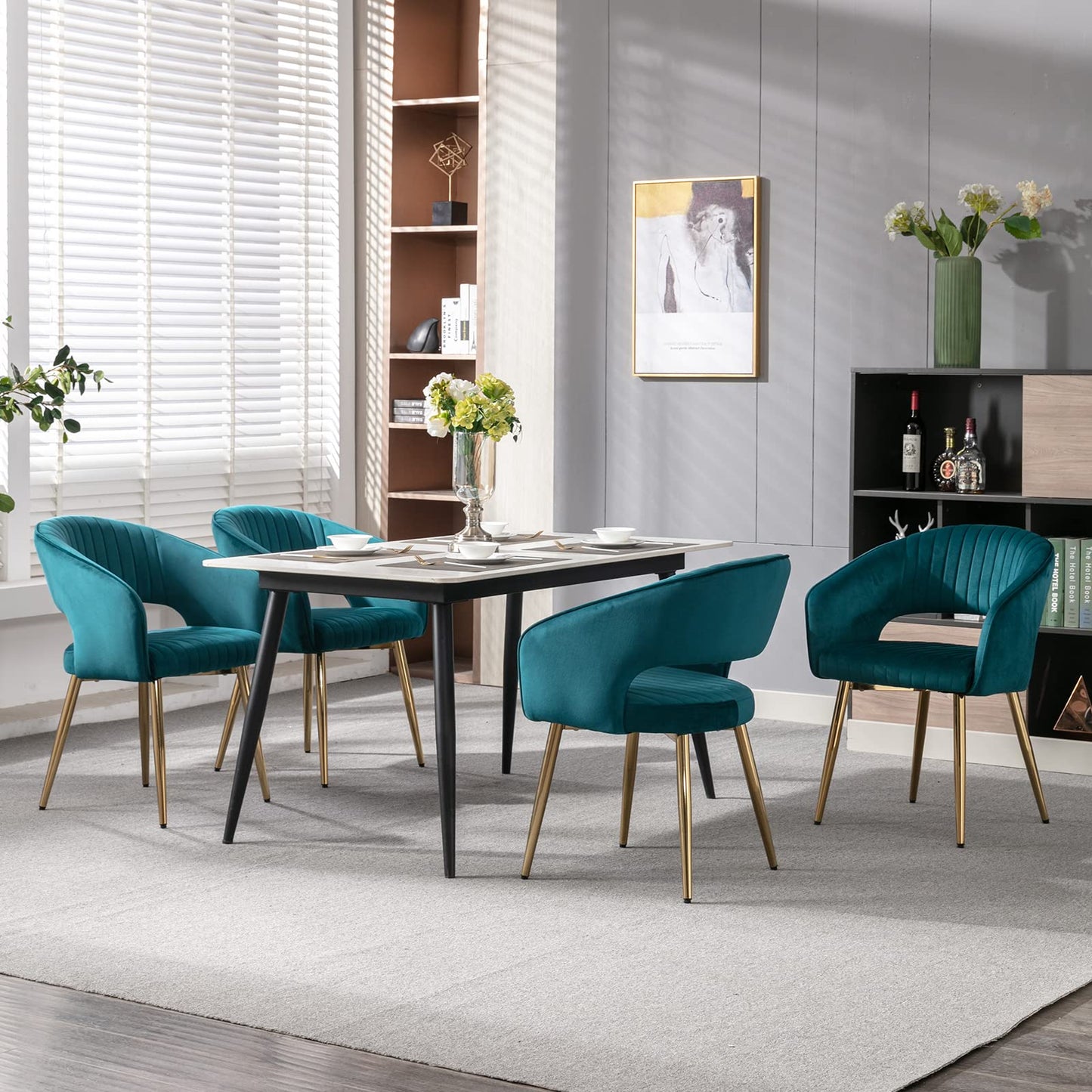 Modern Velvet Dining Chairs Set of 2, Upholstered Gold Dining Chairs with Hollow Back, Dining Room Chairs with Gold Legs, Accent Armrest Kitchen Chairs for Living Room Reception Teal Blue