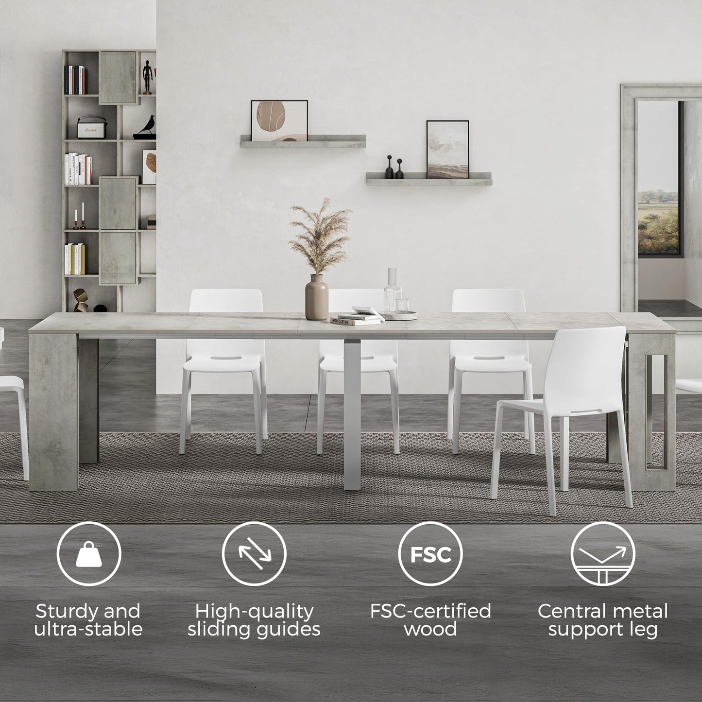Mobili Fiver, Easy, Extendable Console Table with Extension Leaves Holder, 17.7(120.1) x35.4 in, Rustic Oak, for 4-12 People, Space Saving Dining Table for Entrance, Living Room, Italian Furniture