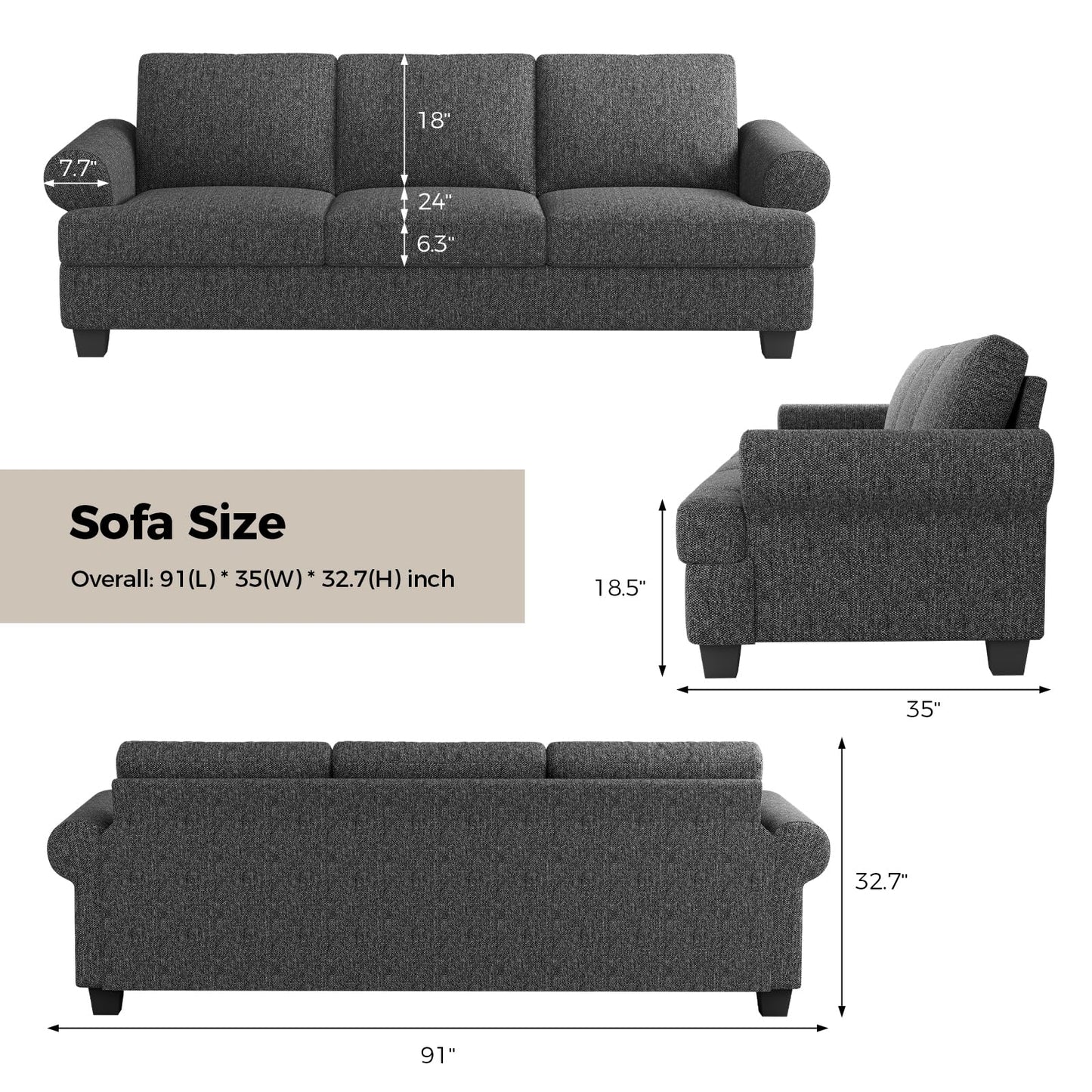 91 Inch Lawson Sofa with Extra Deep Seats Oversize, Mid-Century 3-Seat Sofa Couch, for Living Room, Apartment, Lounge, Dark Blue