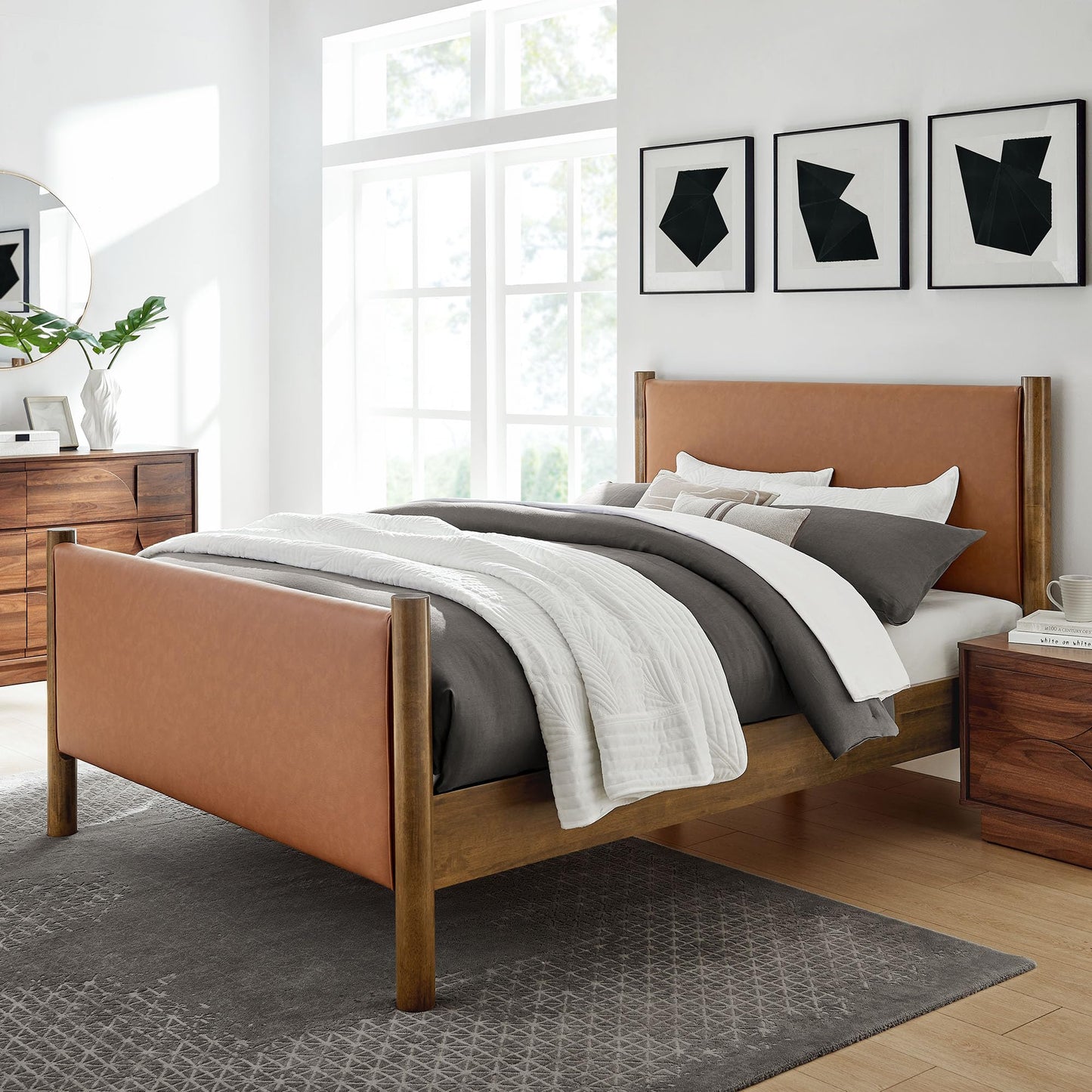 Modway Maven King Size Bed Frame in Tan Walnut with Faux Leather Upholstered Headboard and Footboard – Wood King Platform Bed Frame – No Box Spring Needed