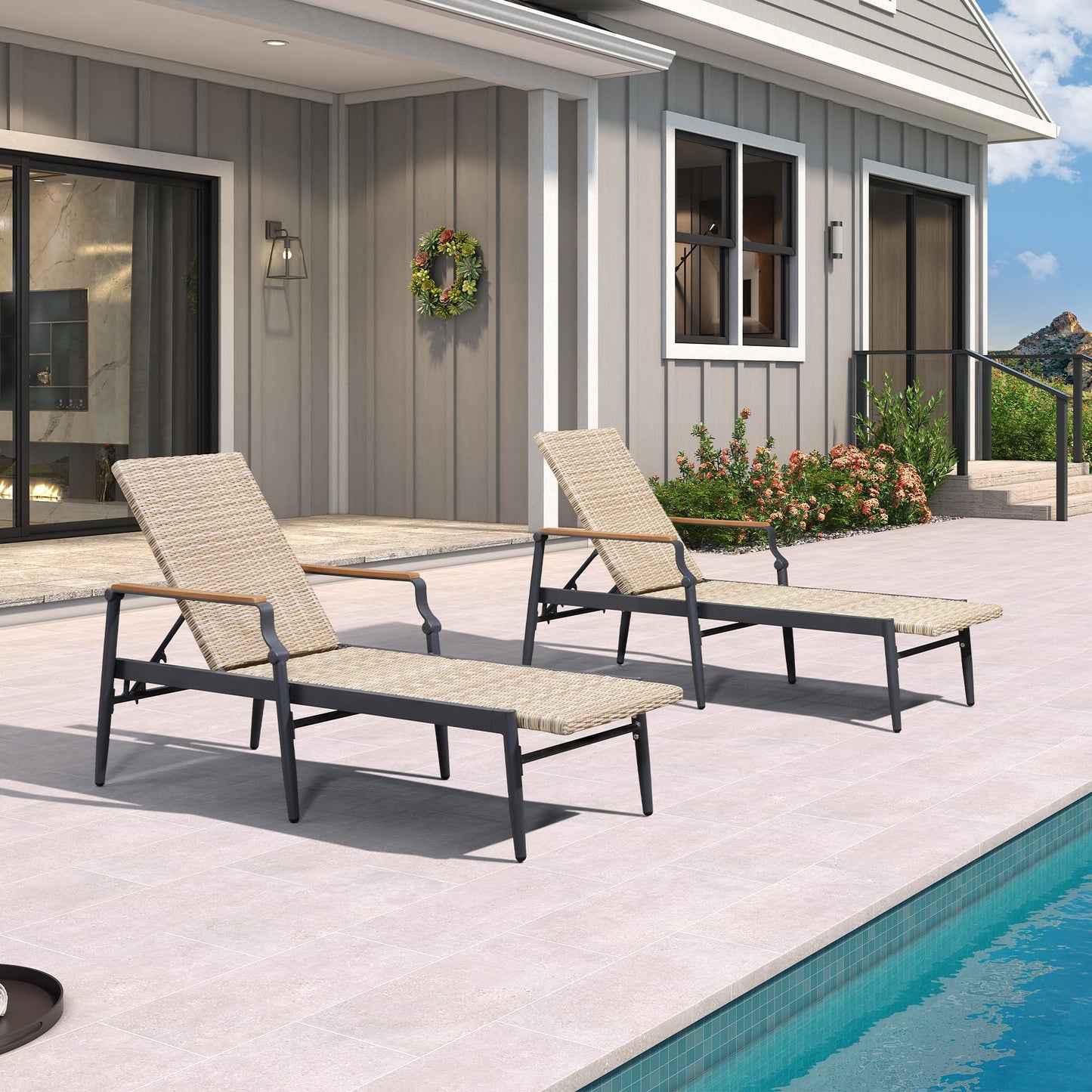 PURPLE LEAF Outdoor Chaise Lounge Chair Set of 2 Patio Pool Lounger Wicker Chairs with Wooden Armrest Sunbathing Tanning Recliner for Pool Backyard Garden Dark Brown