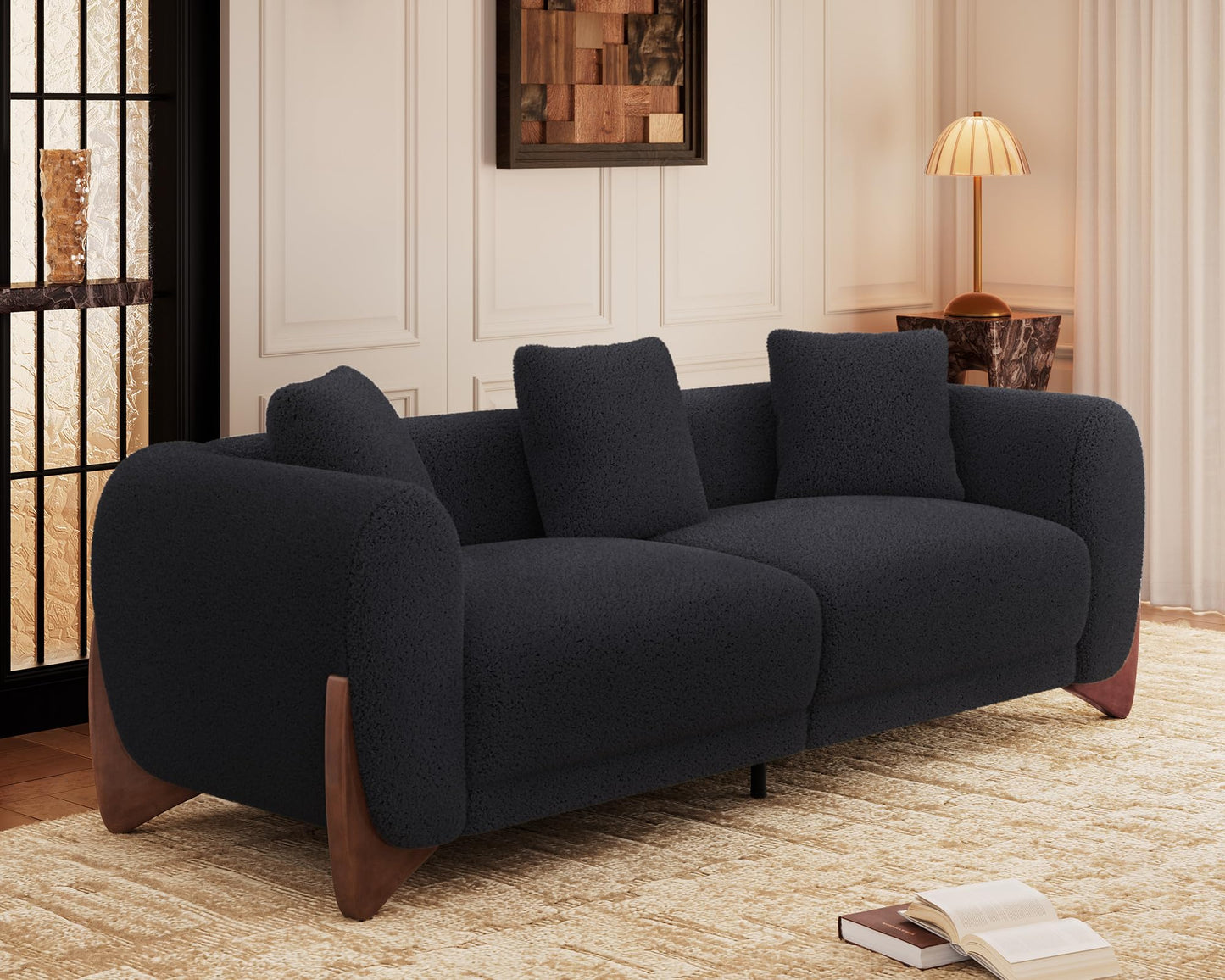 Morden Fort Modern Cloud Couch - 3 Seater Sherpa Boucle Sofa with Wood Legs, Ultra-Thick High Resilience Cushion with 3 Matching Pillows Upholstered Comfy Couch Sofa for Living Room - Off White