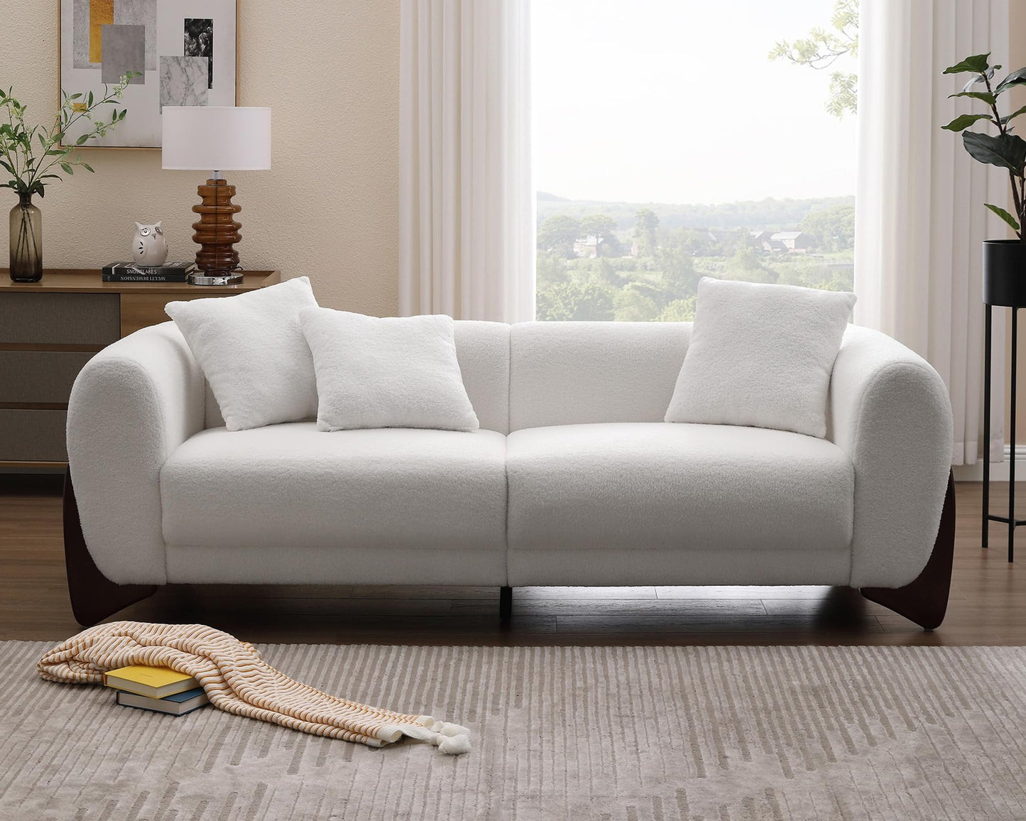 Morden Fort Modern Cloud Couch - 3 Seater Sherpa Boucle Sofa with Wood Legs, Ultra-Thick High Resilience Cushion with 3 Matching Pillows Upholstered Comfy Couch Sofa for Living Room - Off White