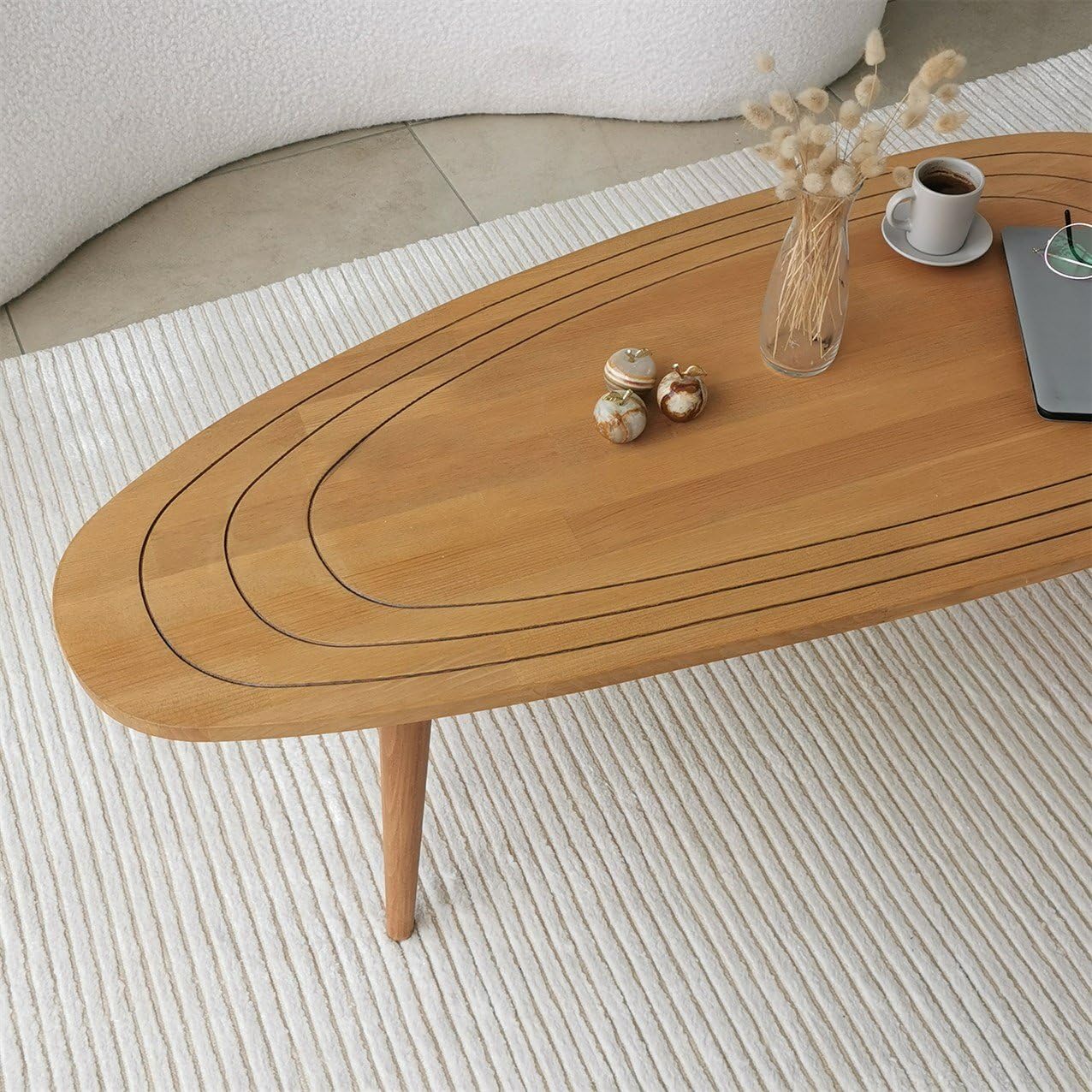 Solid Wood Oval Coffee Table, Engraved Wooden Center Table, Modern Surfboard Table, Mid Century Aesthetic Low Coffee Table, Vintage Living Room Furniture (Walnut)