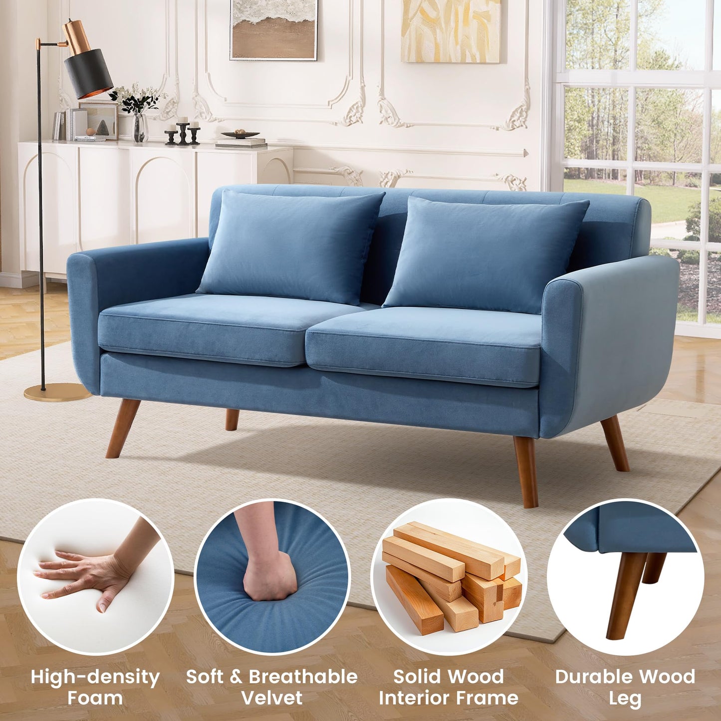 Tbfit 65" W Loveseat Sofa, Mid Century Modern Love Seat Couches for Living Room, Button Tufted Upholstered Small Couch for Bedroom, Solid and Easy to Install Love Seats Furniture, Grey