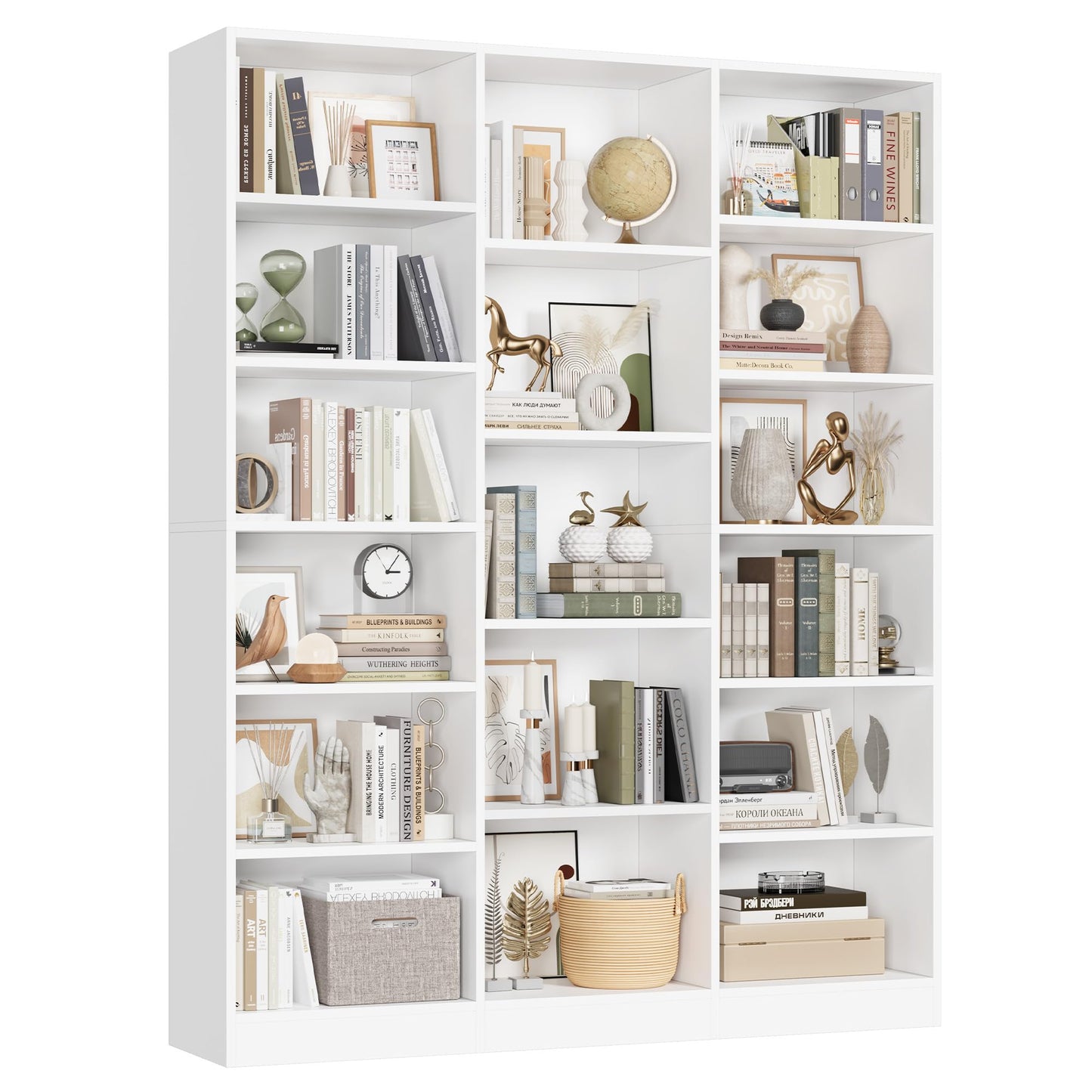 Triple Wide Bookshelf, 6 Tier Large Bookshelf, Bookcase with 17 Open Display Shelves, 74'' Tall Bookcases and Bookshelves for Living Room, Home Office, Library, White