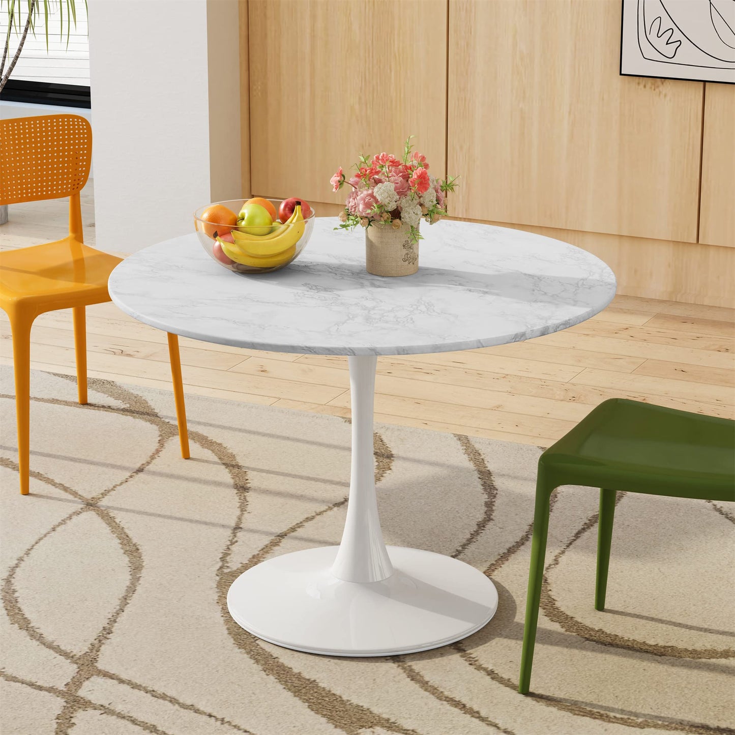 DKLGG 42" Modern Round Dining Table with MDF Top, Metal Base Pedestal Tulip Kitchen Table for 4-6 Person, Small Space Home, End Leisure Coffee Table, White