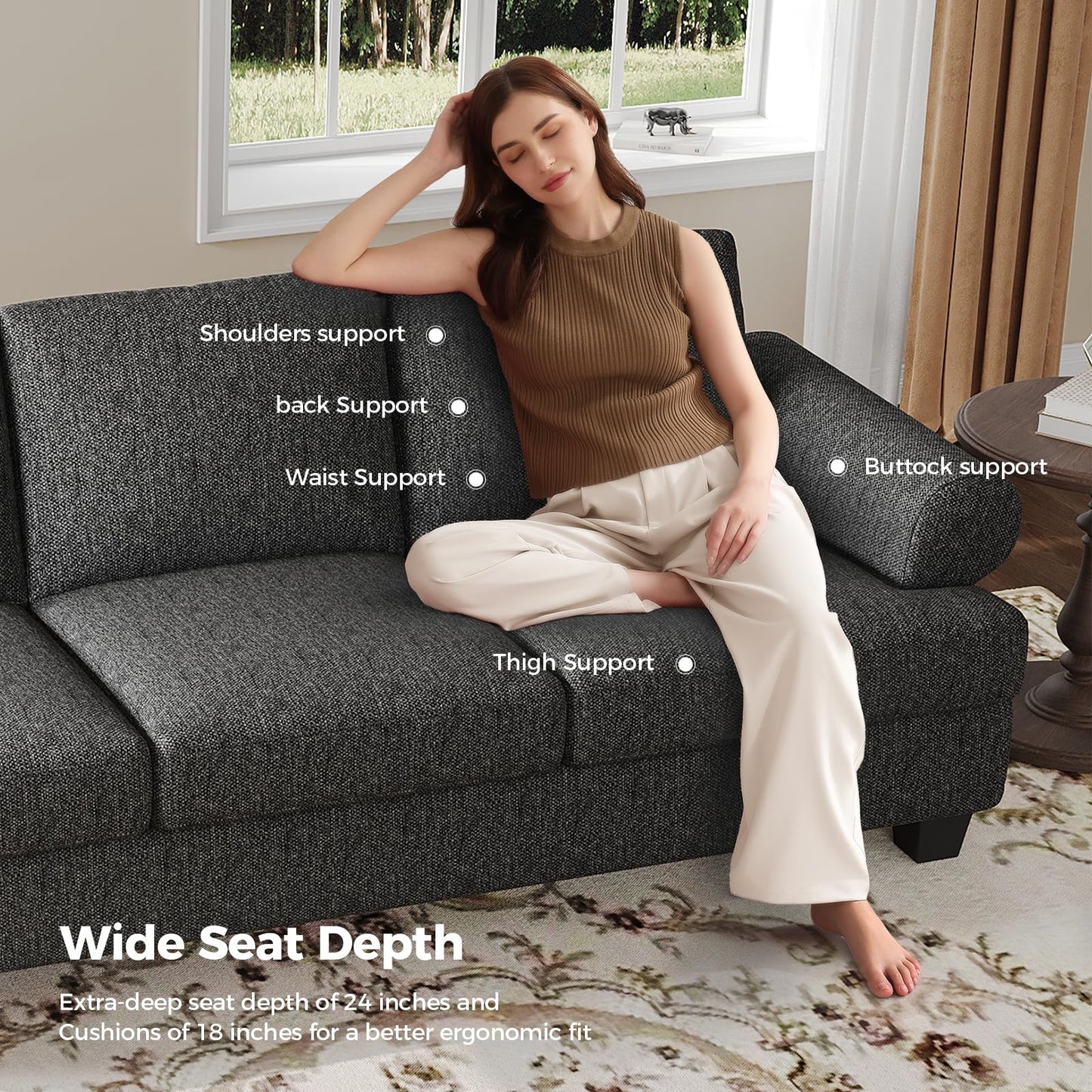 91 Inch Lawson Sofa with Extra Deep Seats Oversize, Mid-Century 3-Seat Sofa Couch, for Living Room, Apartment, Lounge, Dark Blue