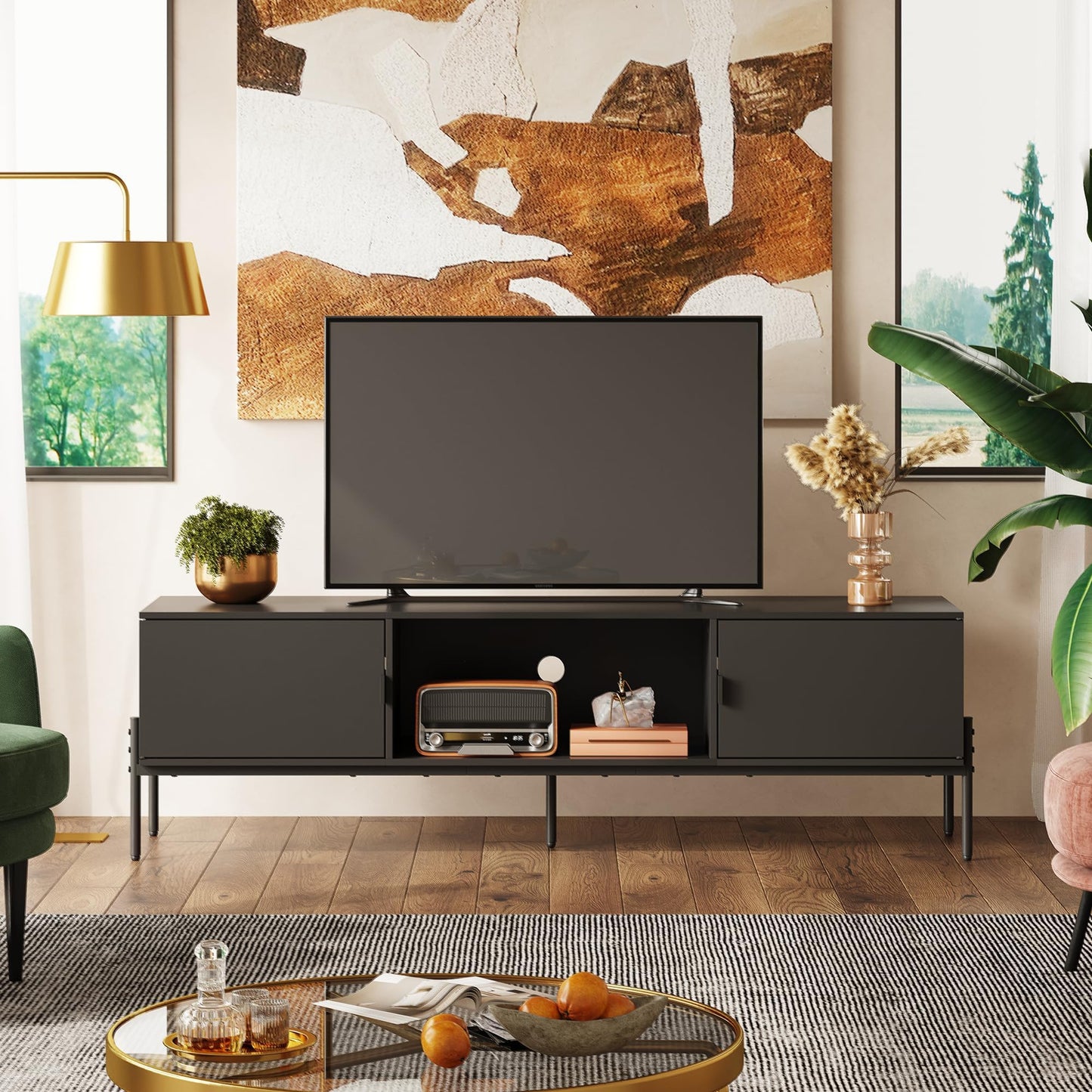 WLIVE Modern TV Stand for 65 Inch TV, Mid Century Entainment Center with Storage Cabinets, TV Console for Bedroom and Living Room, TV Cabinet with Metal Legs, White