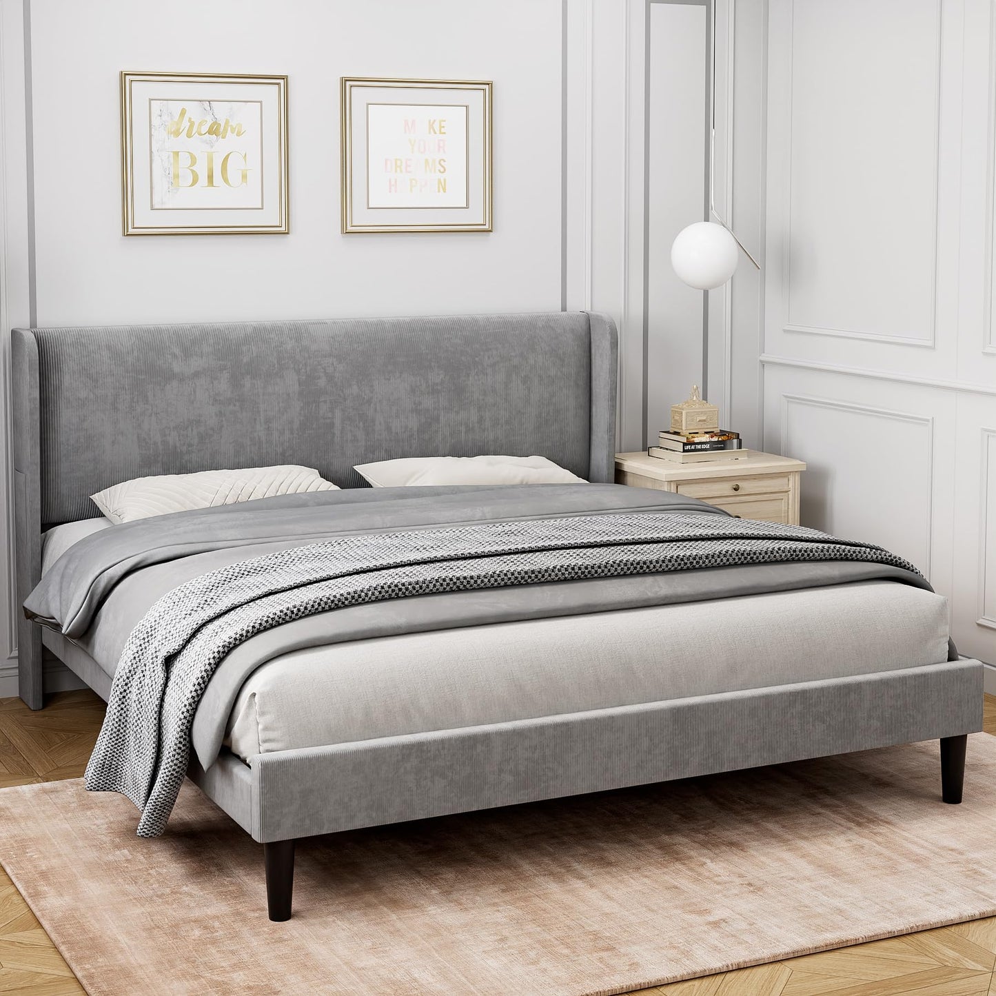 IDEALHOUSE King Upholstered Bed Frame with Wingback Headboard, Luxurious Velvet Upholstery Platform Bed, Wooden Slat Support, and Easy Assembly - Box Spring Optional, Light Gray