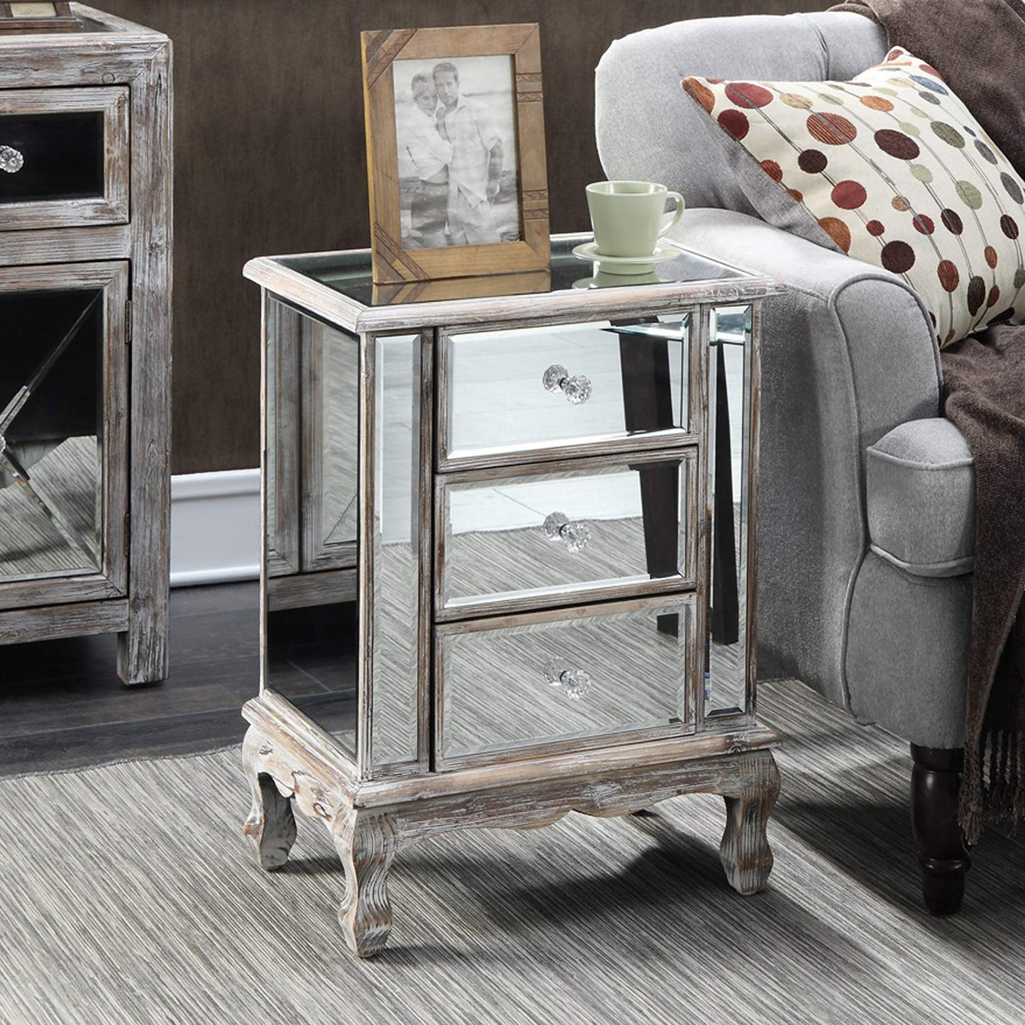 Convenience Concepts Gold Coast Vineyard Mirrored End Table 19" - Living Room Table with 3 Drawers for Storage, Nightstand Side Table, Weathered White/Mirror