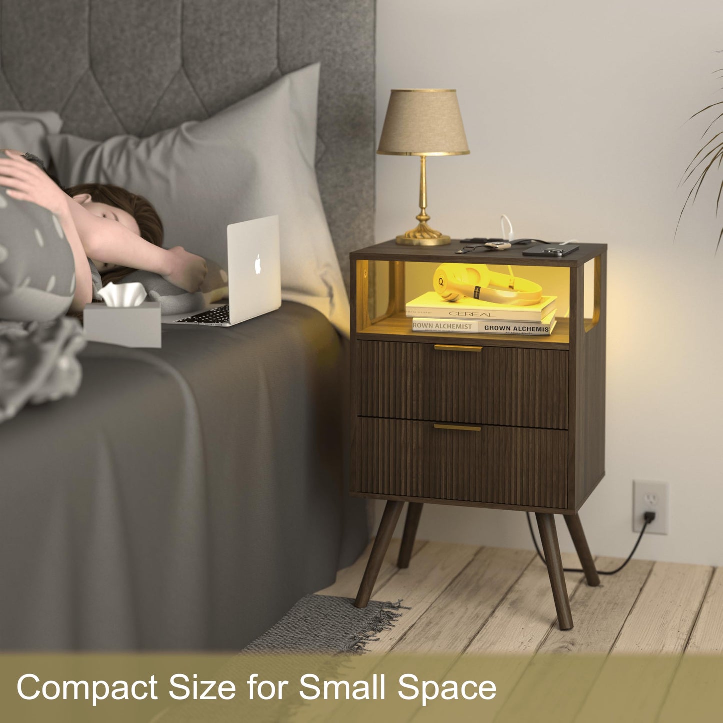 Nightstand with Charging Station and LED Lights,Modern Bedside Table with 2 Storage Drawer and Open Wood Shelf, for Bedroom and Small Spaces,Night Stand with Solid Wood Legs,GreyOak