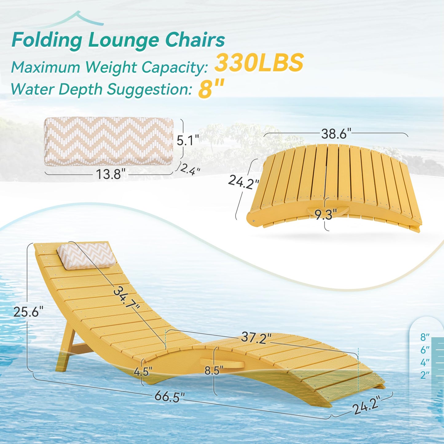 Folding Pool Lounge Chairs Set of 2, HDPS Anti-Floating Lounge Chairs for in-Pool Use, Chairs with Headrest for Hotel, Resort, Poolside, Beach & Sun Decks, Yellow