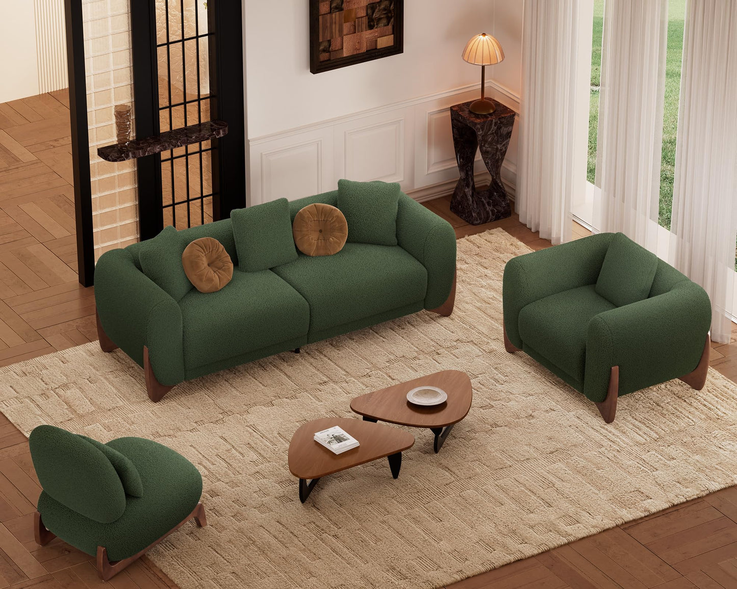 Morden Fort Modern Cloud Couch - 3 Seater Sherpa Boucle Sofa with Wood Legs, Ultra-Thick High Resilience Cushion with 3 Matching Pillows Upholstered Comfy Couch Sofa for Living Room - Off White