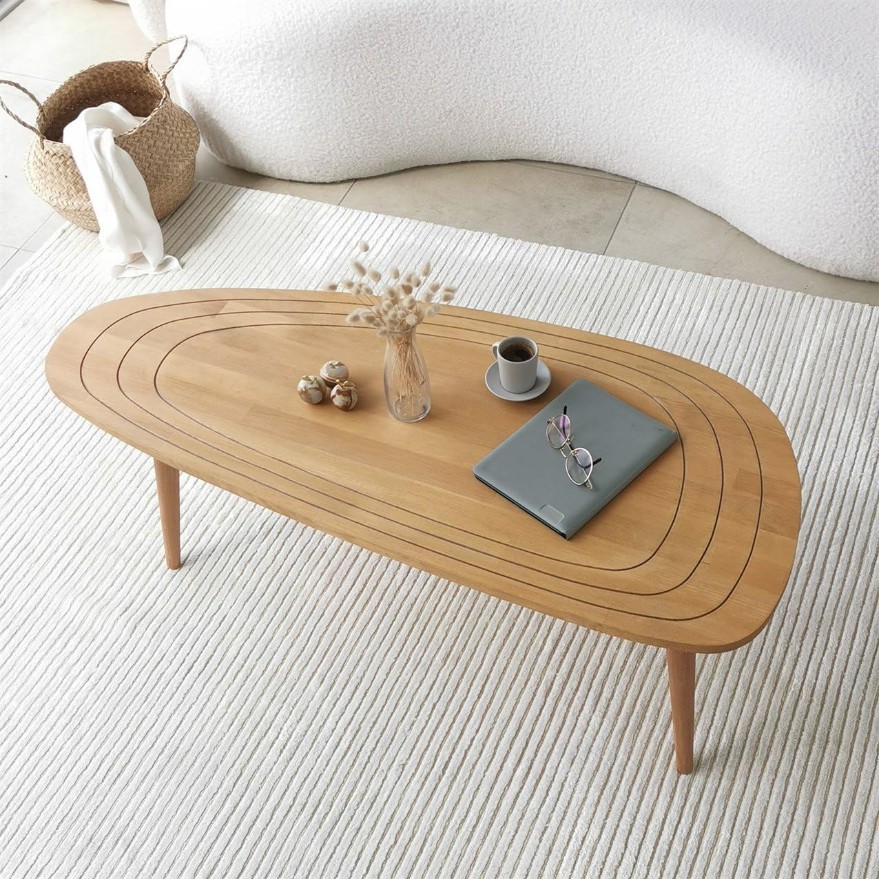 Solid Wood Oval Coffee Table, Engraved Wooden Center Table, Modern Surfboard Table, Mid Century Aesthetic Low Coffee Table, Vintage Living Room Furniture (Walnut)