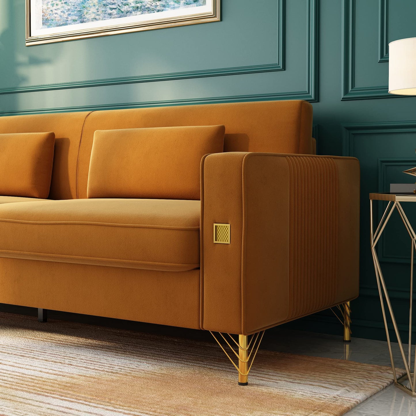 85.63" Velvet Sofa,Modern Loveseat Couch with Pillows Set of 2 for Living Room,Bedroom,Apartment Furniture with Gold Metal Legs (Green)