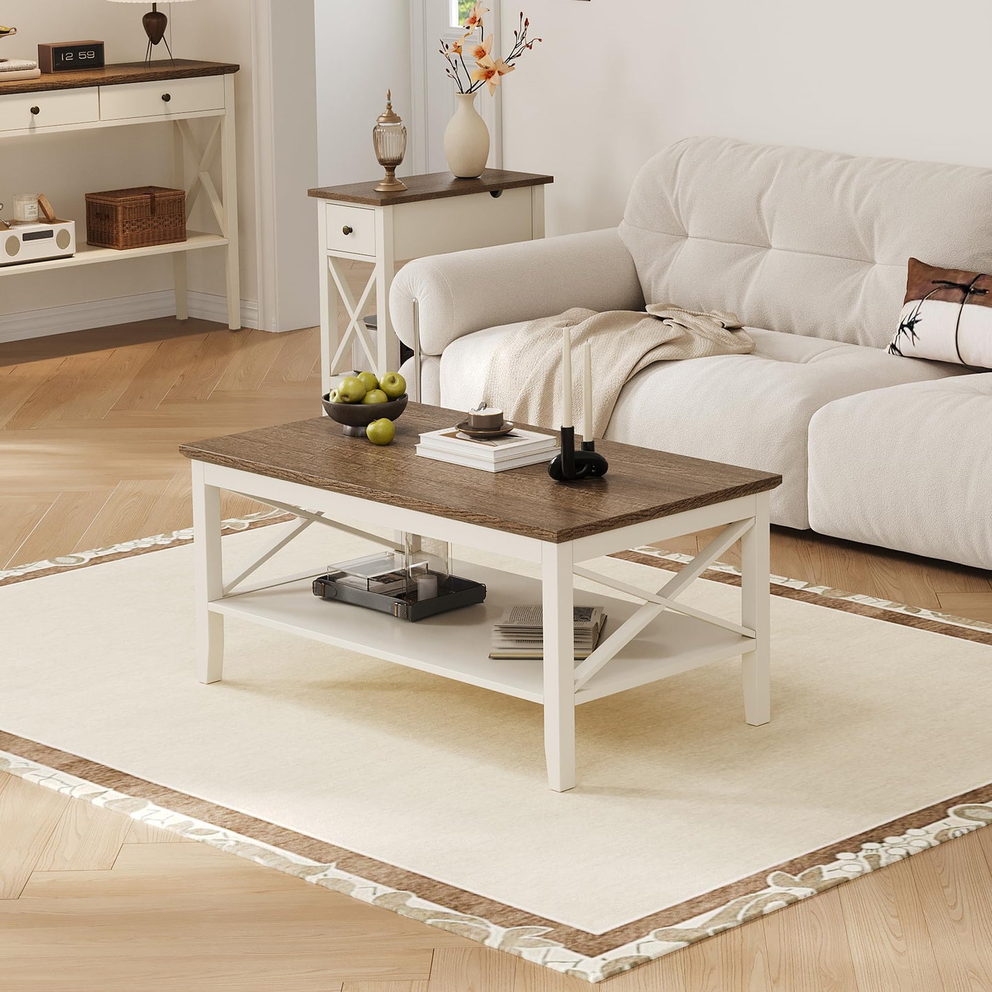 ChooChoo White Coffee Table Classic X Design for Living Room, Rectangular Modern Cocktail Table with Storage Shelf, 39 Inch