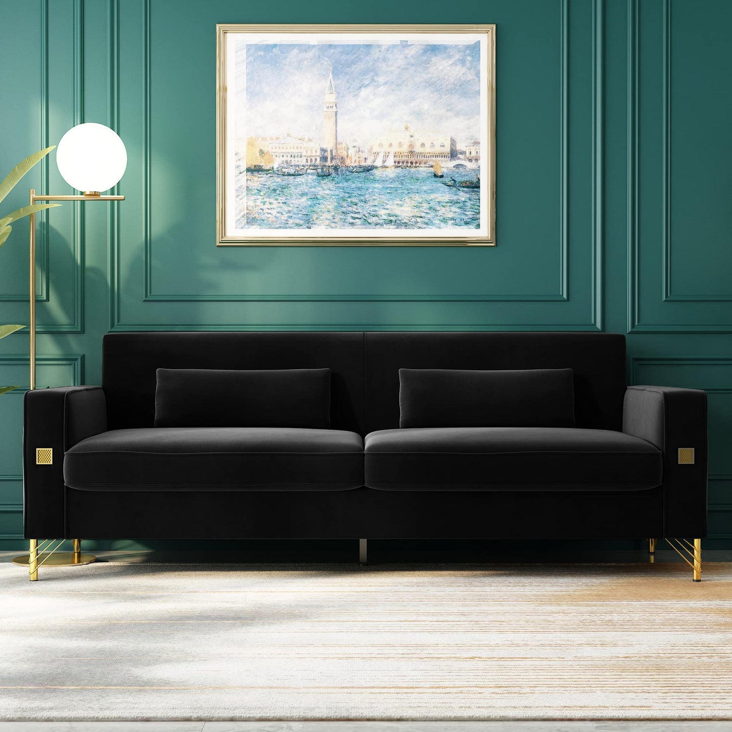 85.63" Velvet Sofa,Modern Loveseat Couch with Pillows Set of 2 for Living Room,Bedroom,Apartment Furniture with Gold Metal Legs (Green)