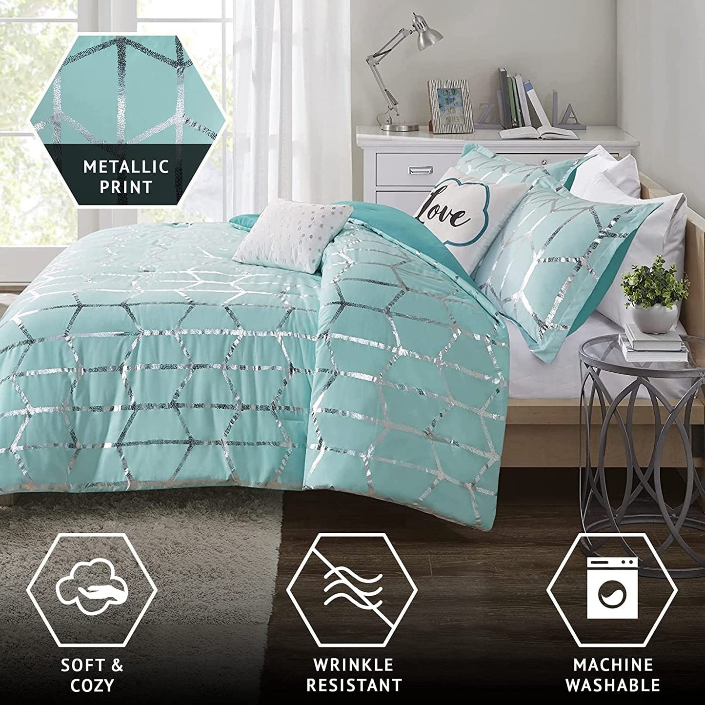 Intelligent Design, Soft Microfiber Comforter Modern Geometric Metallic Bed Set, Full/Queen, Grey/Silver