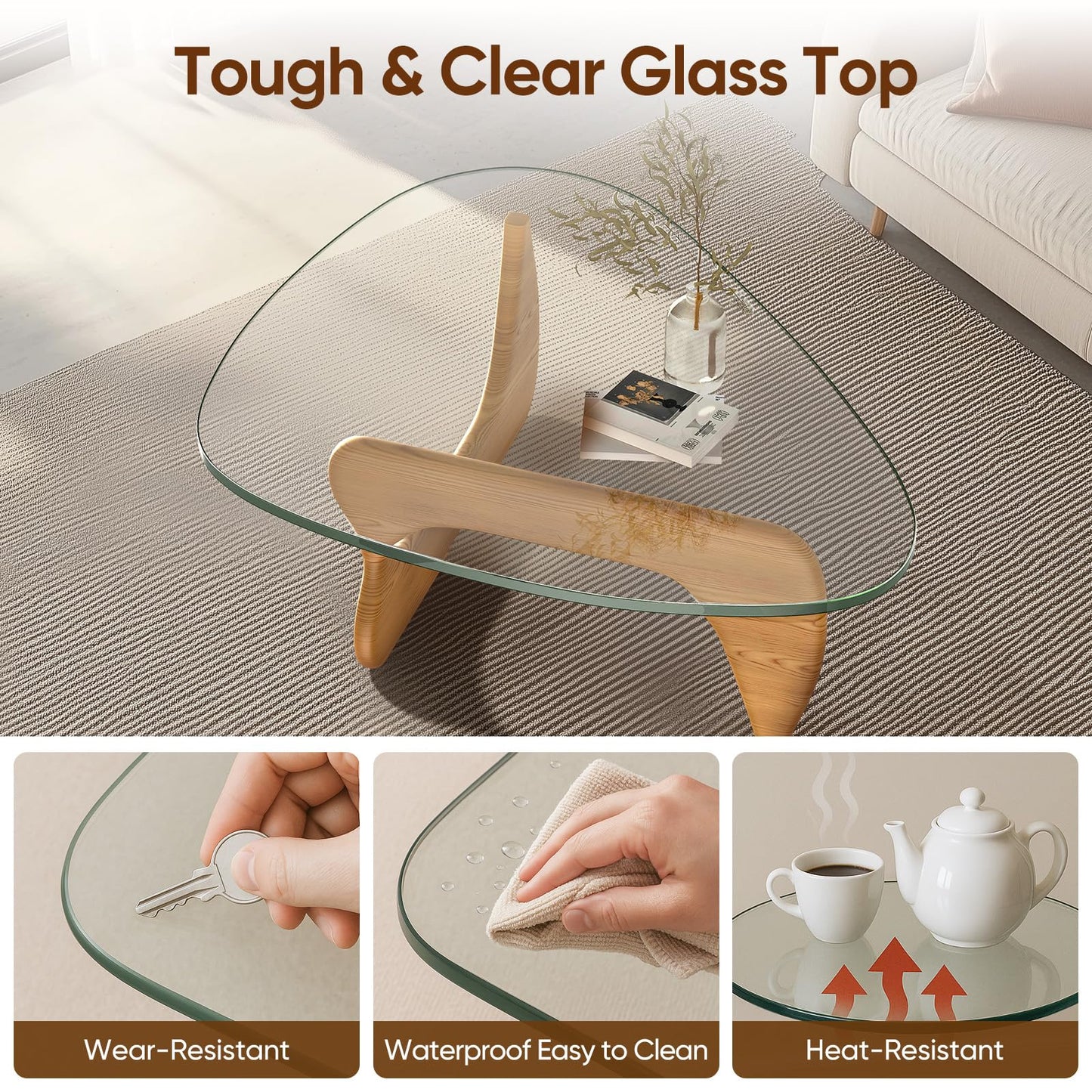 Noguchi Coffee Table – Mid-Century Modern Triangle Glass Coffee Table with Clear Tempered Top & Wood Base, End Table for Living Room Office Hotel Balcony, 50" W x 37.5" D