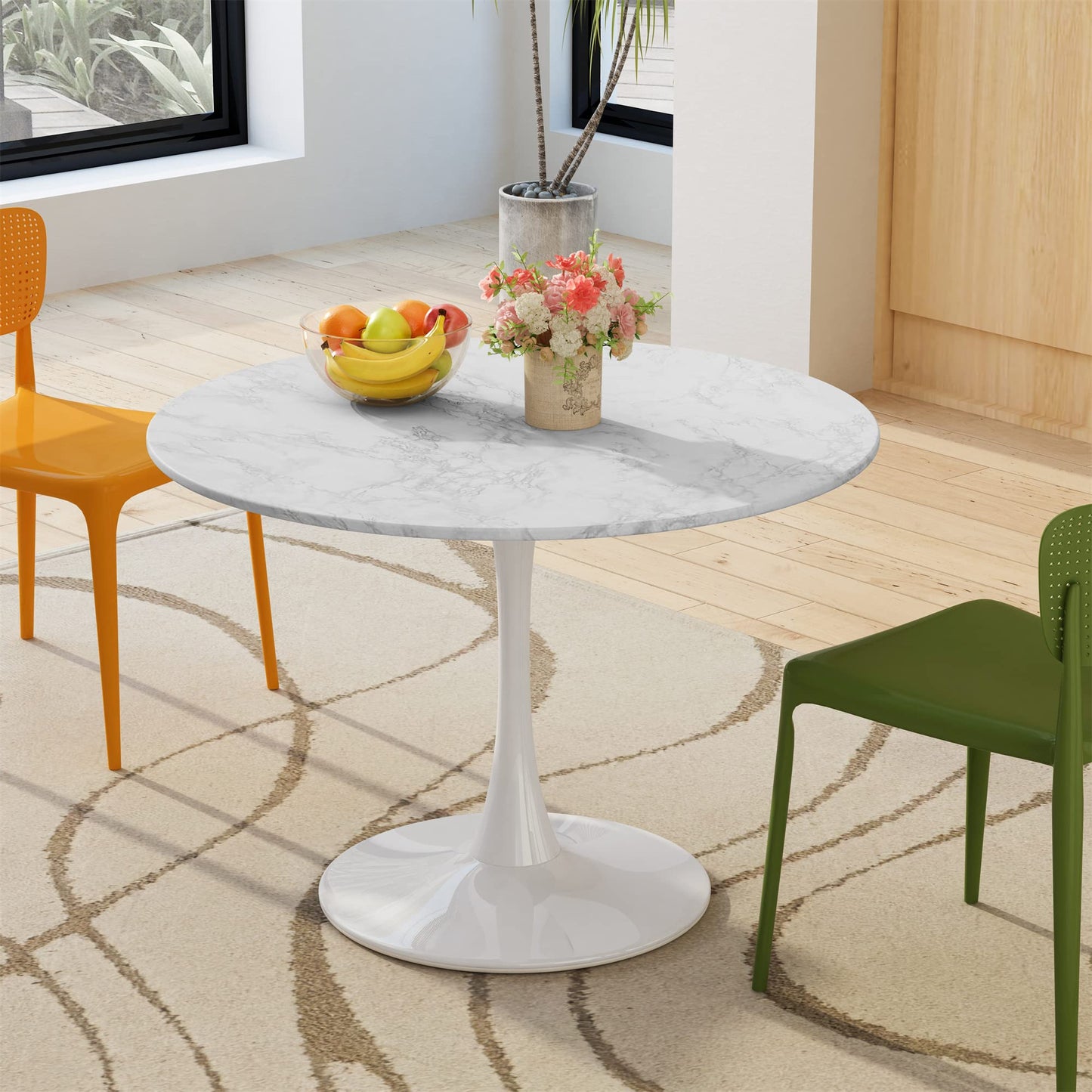 DKLGG 42" Modern Round Dining Table with MDF Top, Metal Base Pedestal Tulip Kitchen Table for 4-6 Person, Small Space Home, End Leisure Coffee Table, White