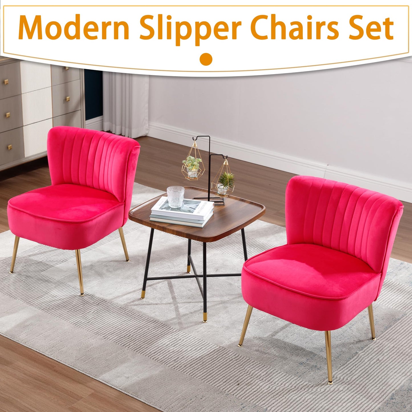 ABET Accent Chairs Set of 2, Velvet Armless Living Room Chairs with Tufted Wingback Thicken Cushion Gold Metal Legs, Comfy Upholstered Side Chairs Slipper Chairs Club Chairs for Bedroom, Beige