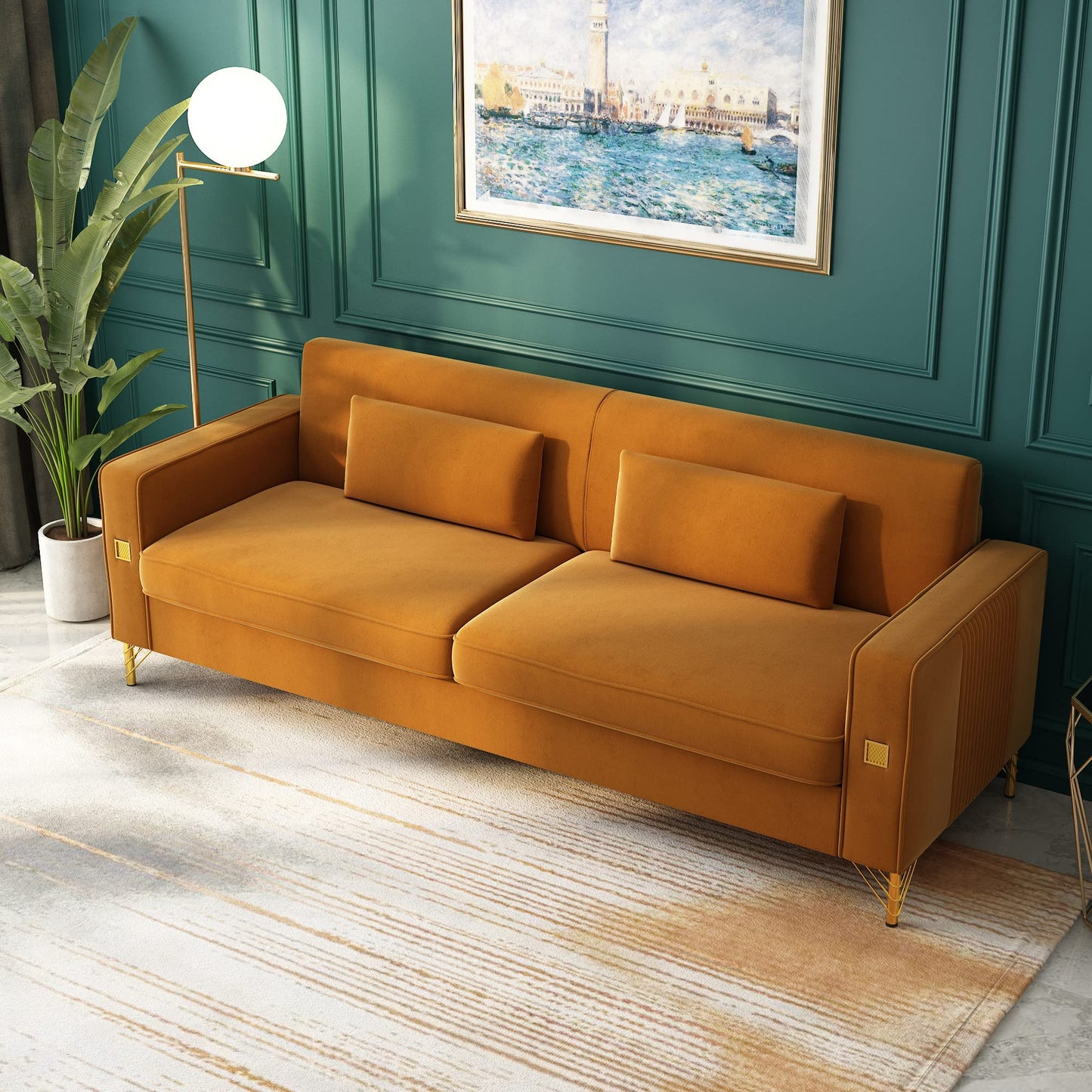85.63" Velvet Sofa,Modern Loveseat Couch with Pillows Set of 2 for Living Room,Bedroom,Apartment Furniture with Gold Metal Legs (Green)