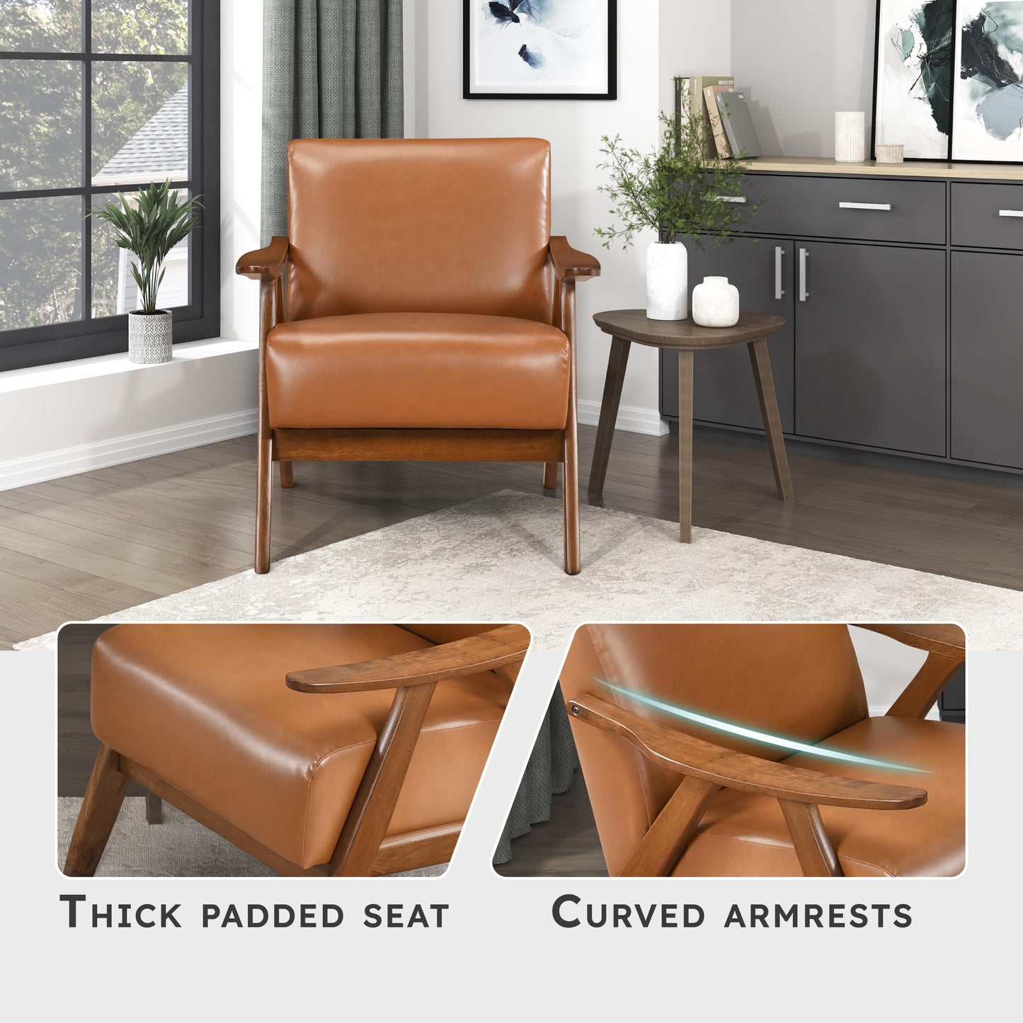 Lexicon Mid Century Modern Accent Chair with Solid Wood Frame in Walnut Finish, Upholstered Living Room Lounge Arm Chair, Thick and Comfy Innerspring Seat Cushion, Linen-Look Fabric, Gray