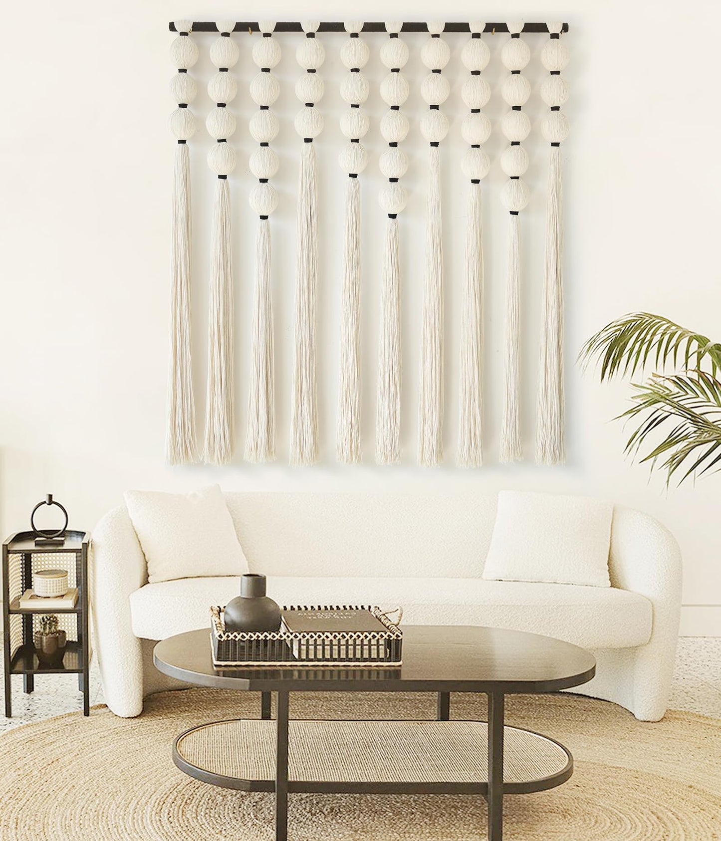 IOWER Macrame Wall Hanging Brown Yarn Beaded Backdrop Boho Wall Decor Round Tassel Home Wall Aesthetic Living Rooms Bedrooms Offices Geometric Art Chic Home Decor 39" W x 55" L