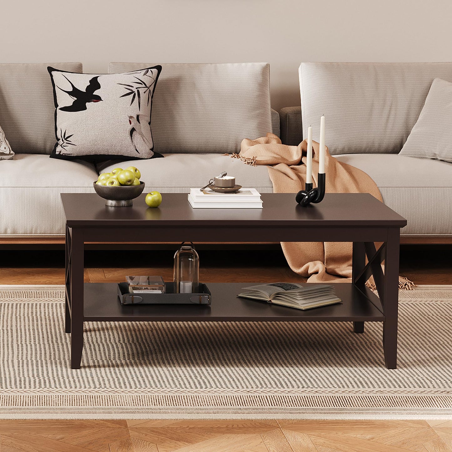 ChooChoo White Coffee Table Classic X Design for Living Room, Rectangular Modern Cocktail Table with Storage Shelf, 39 Inch