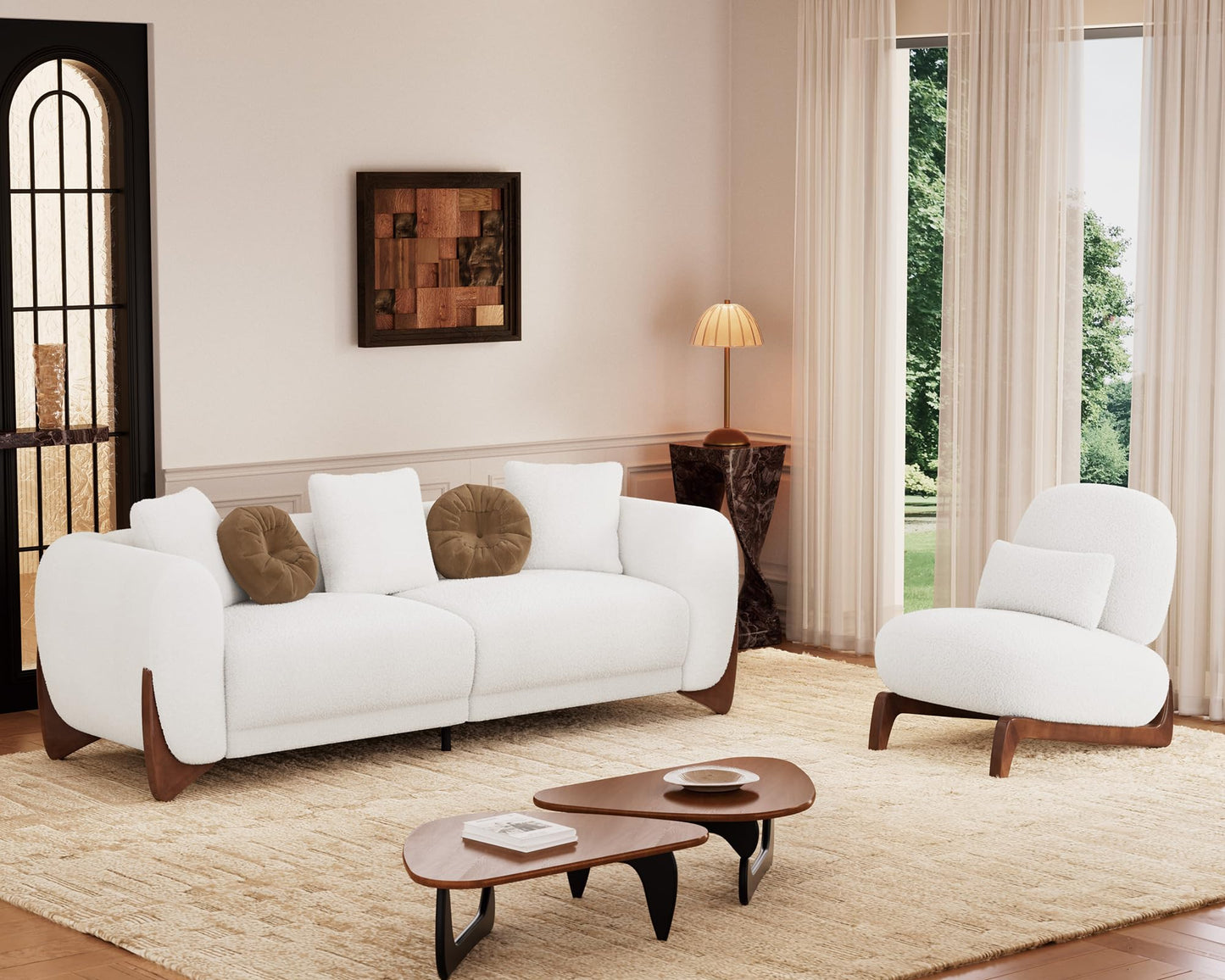 Morden Fort Modern Cloud Couch - 3 Seater Sherpa Boucle Sofa with Wood Legs, Ultra-Thick High Resilience Cushion with 3 Matching Pillows Upholstered Comfy Couch Sofa for Living Room - Off White