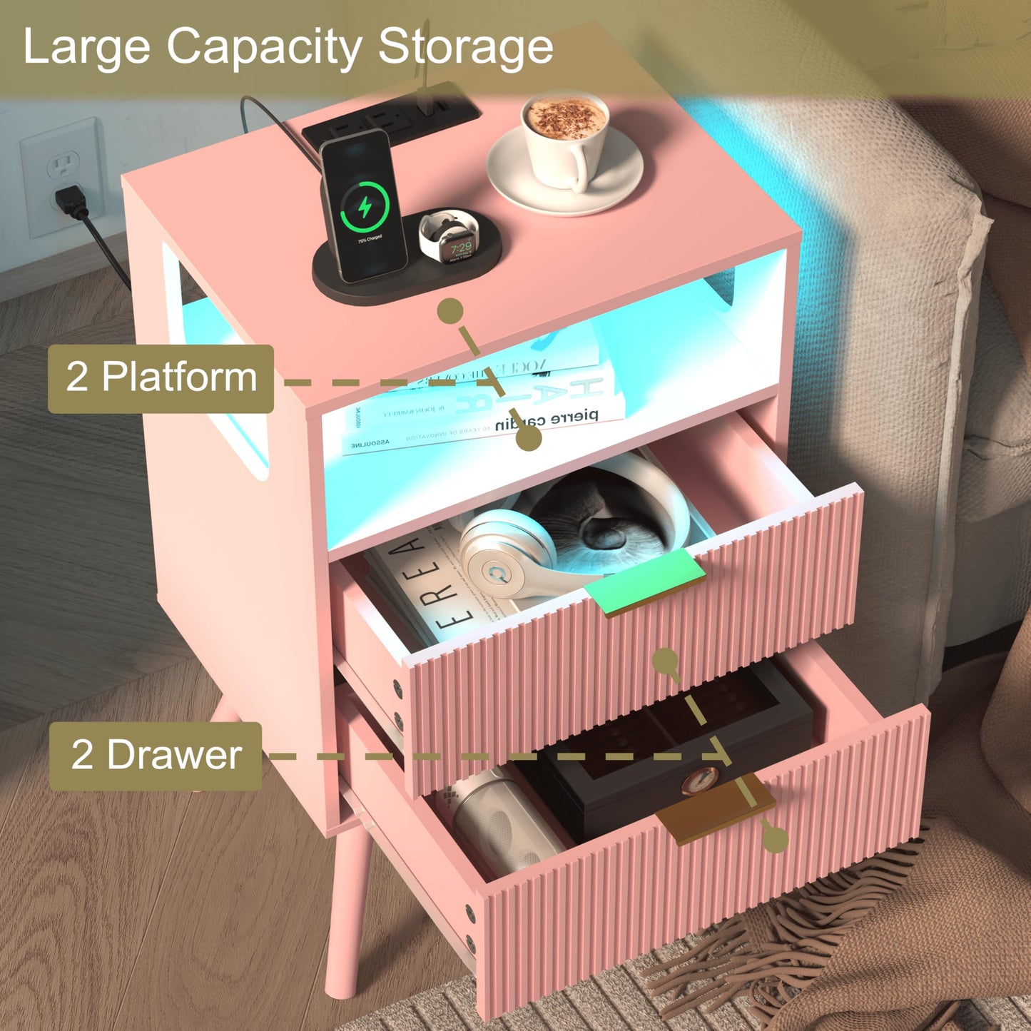Nightstand with Charging Station and LED Lights,Modern Bedside Table with 2 Storage Drawer and Open Wood Shelf, for Bedroom and Small Spaces,Night Stand with Solid Wood Legs,GreyOak