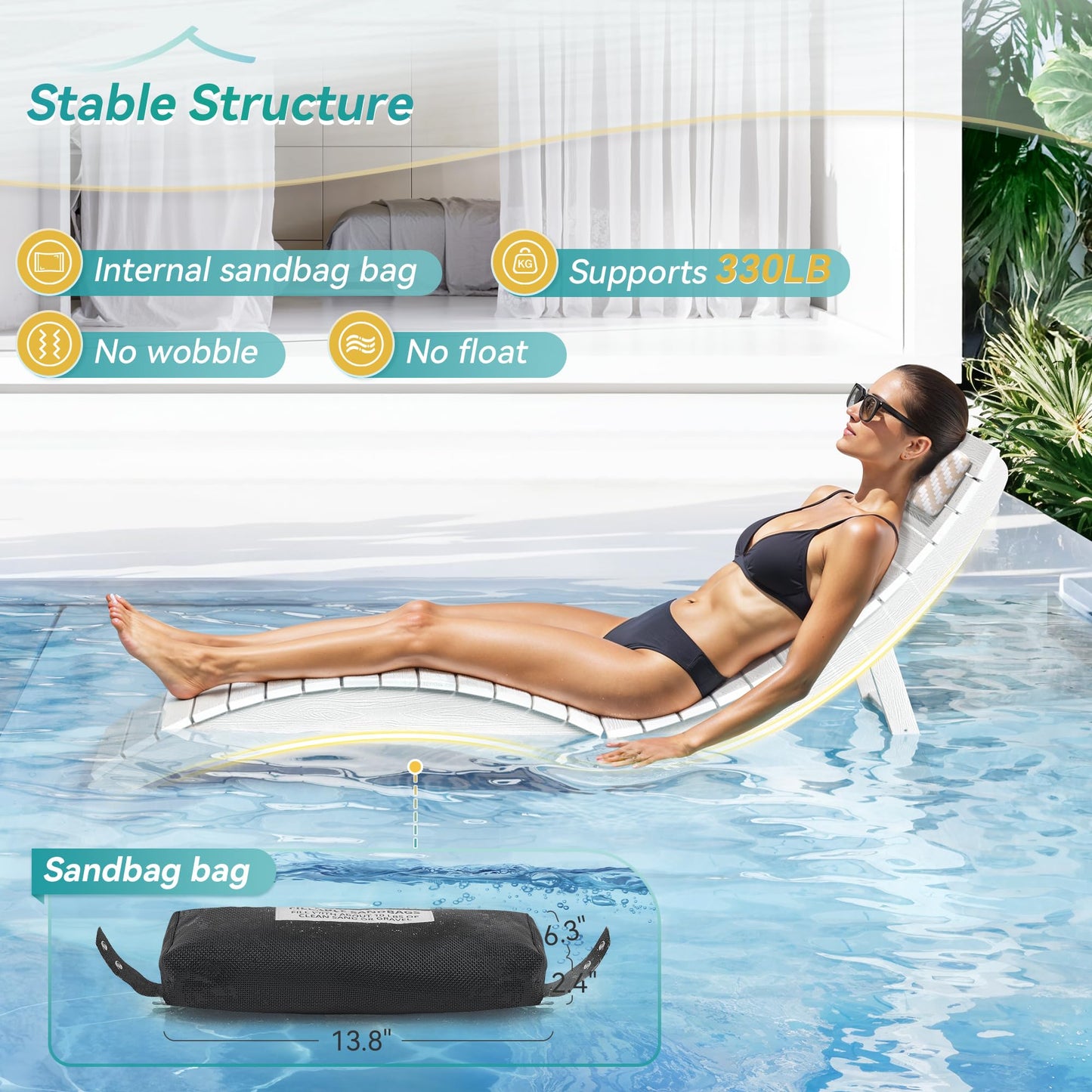Folding Pool Lounge Chairs Set of 2, HDPS Anti-Floating Lounge Chairs for in-Pool Use, Chairs with Headrest for Hotel, Resort, Poolside, Beach & Sun Decks, Yellow