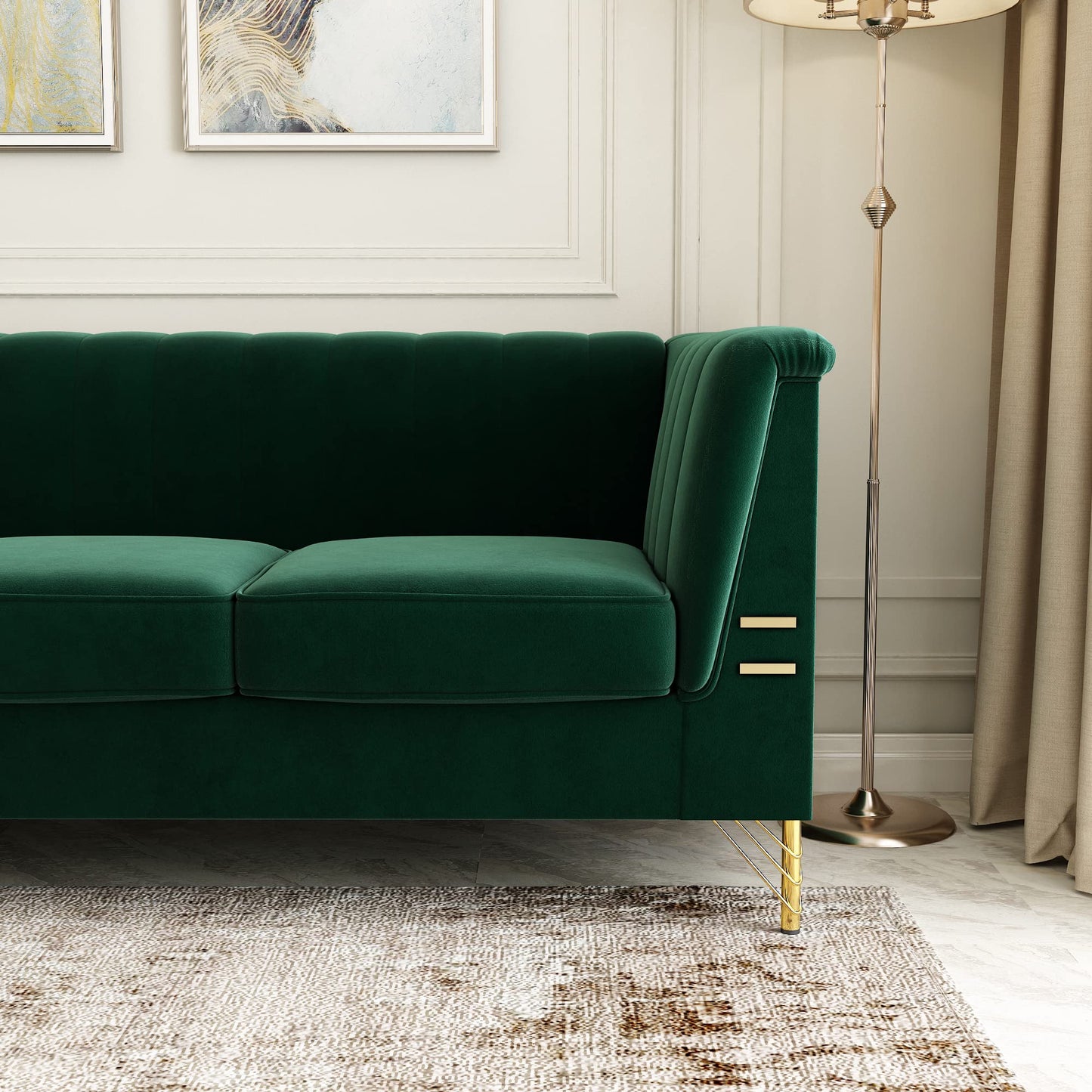 85.63" Velvet Sofa,Modern Loveseat Couch with Pillows Set of 2 for Living Room,Bedroom,Apartment Furniture with Gold Metal Legs (Green)