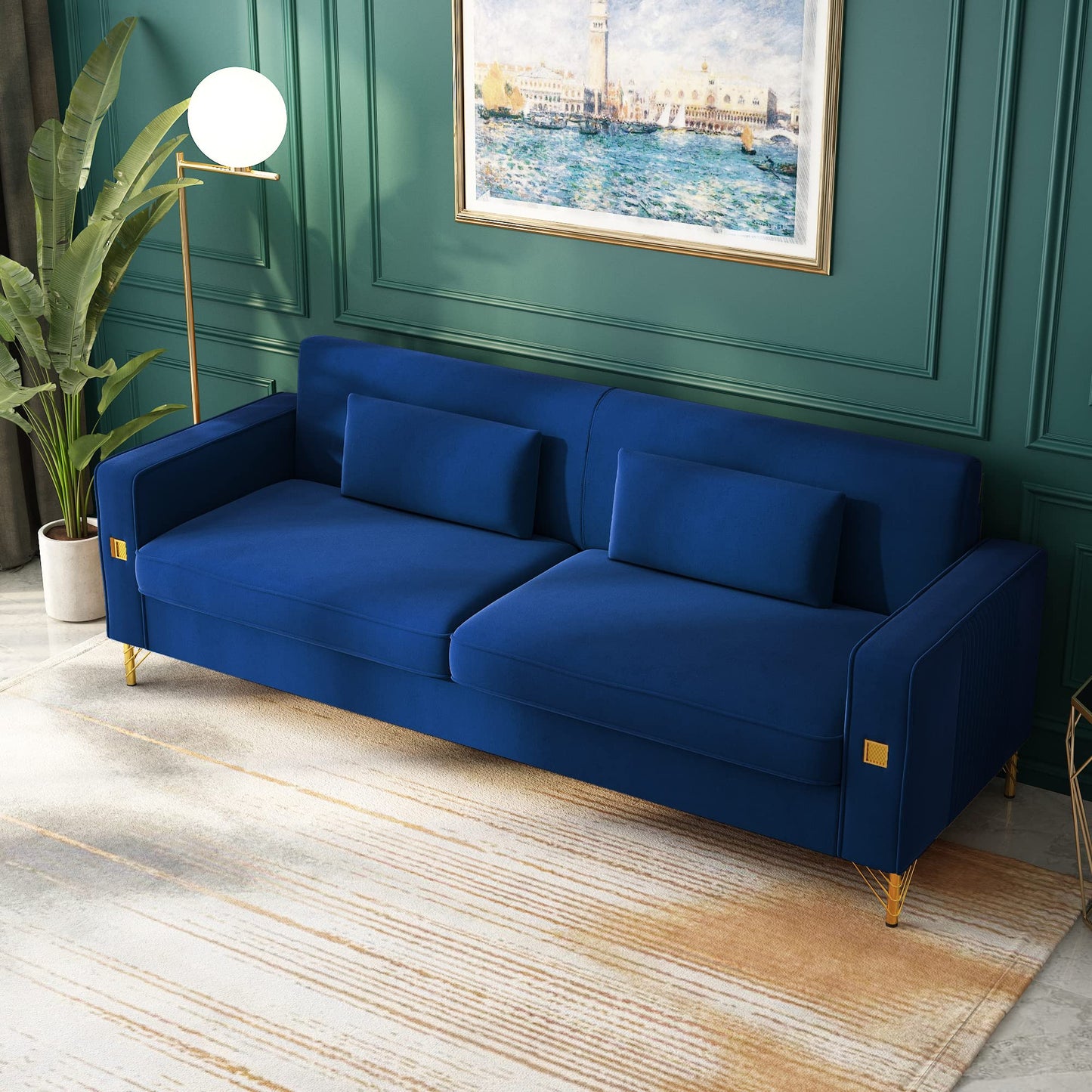 85.63" Velvet Sofa,Modern Loveseat Couch with Pillows Set of 2 for Living Room,Bedroom,Apartment Furniture with Gold Metal Legs (Green)