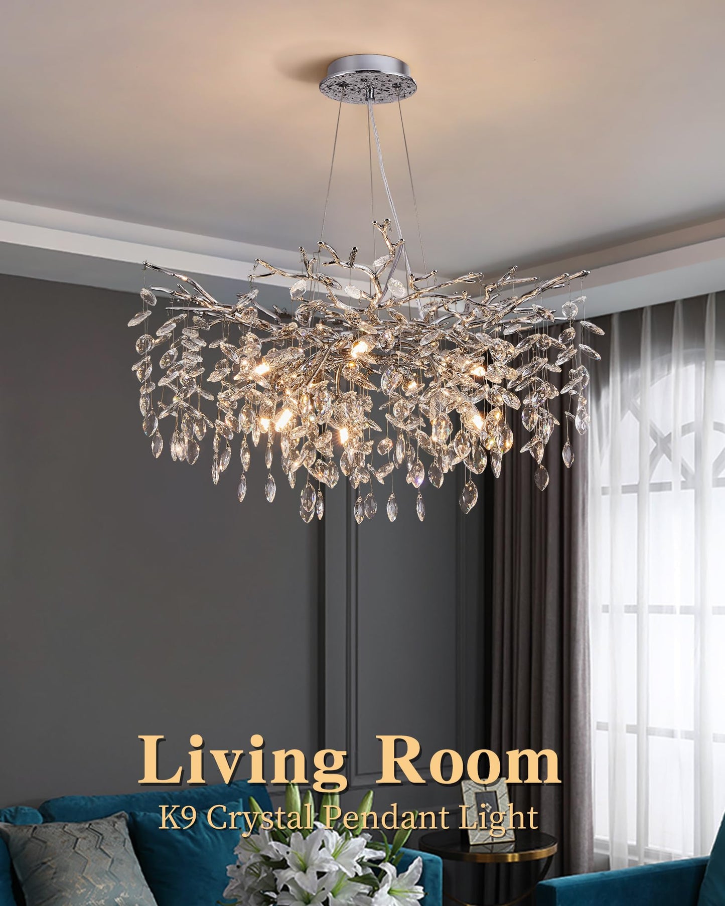 Modern Tree Branch Crystal Chandelier Luxury Silver Crystal Pendant Lighting 18" Contemporary 6-Light Chandeliers for Dining Room Kitchen Bedroom Living Room