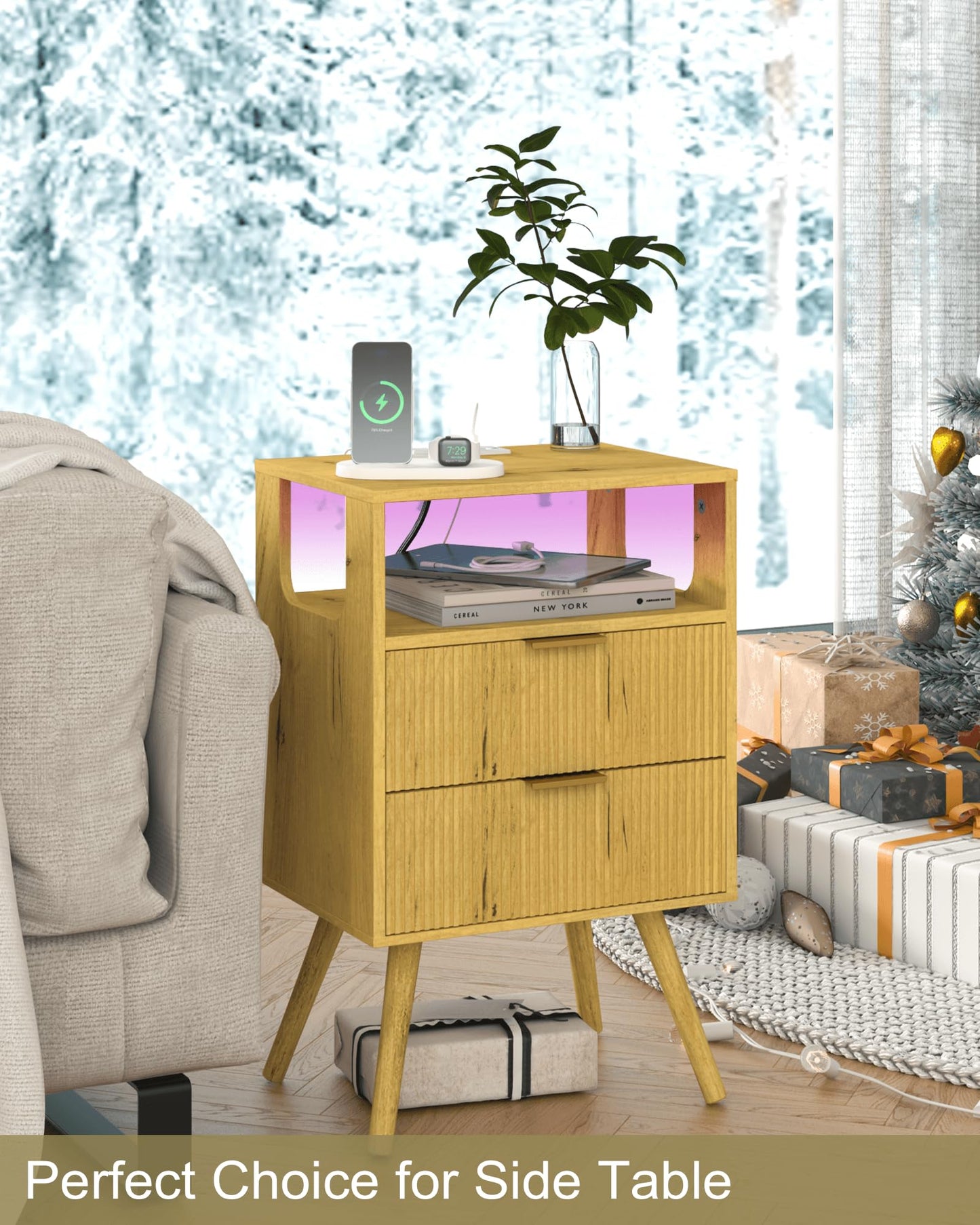 Nightstand with Charging Station and LED Lights,Modern Bedside Table with 2 Storage Drawer and Open Wood Shelf, for Bedroom and Small Spaces,Night Stand with Solid Wood Legs,GreyOak