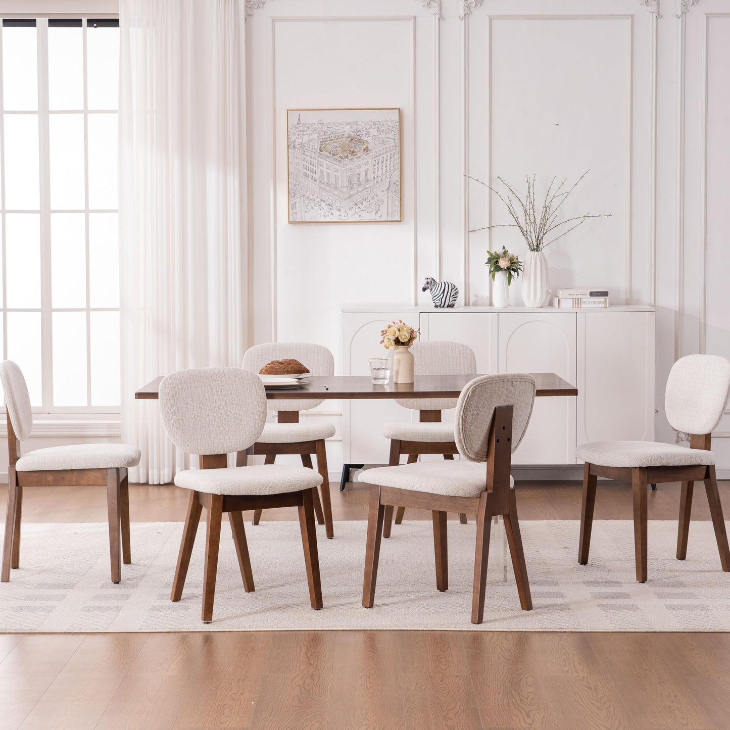VKNOW Wooden Dining Chairs Set of 4, Mid Century Modern Upholstered Kitchen Side Chairs, Chenille Dining Room Chair with Curved Seat Backrest for Home Dining Room,Green