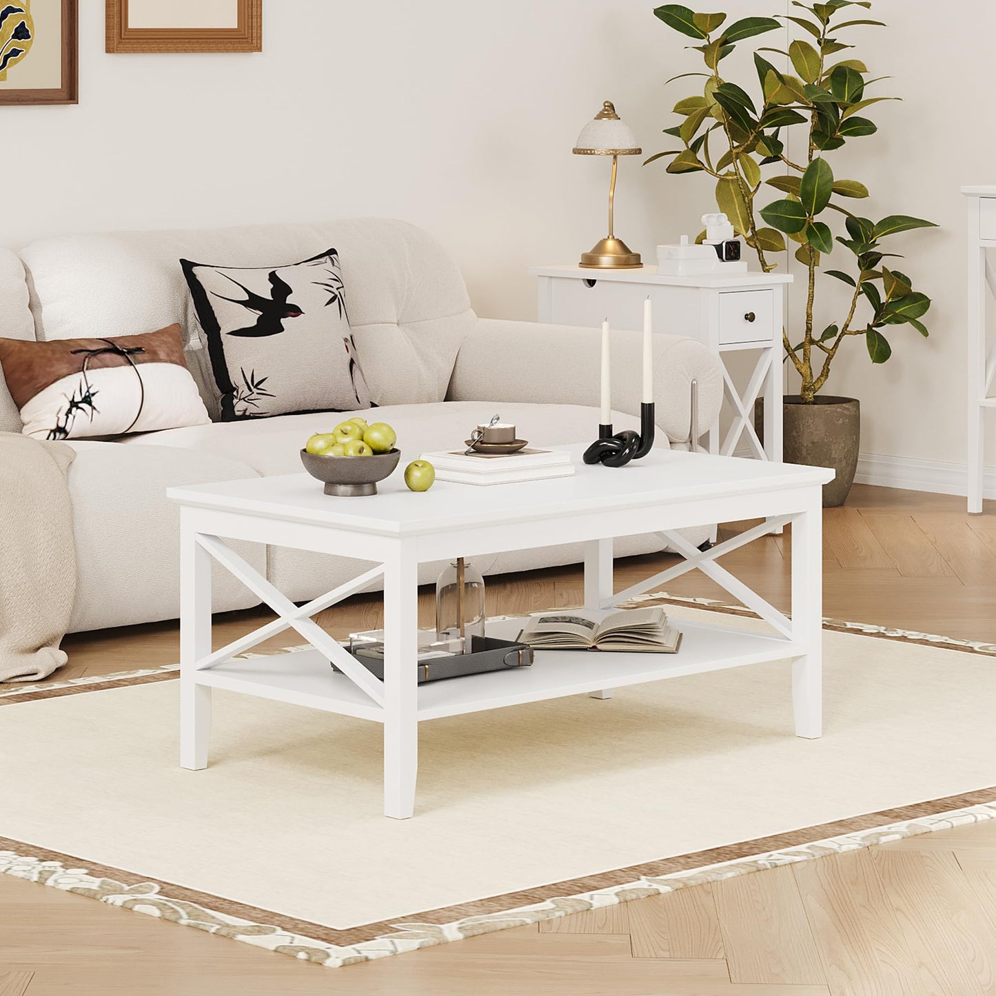 ChooChoo White Coffee Table Classic X Design for Living Room, Rectangular Modern Cocktail Table with Storage Shelf, 39 Inch