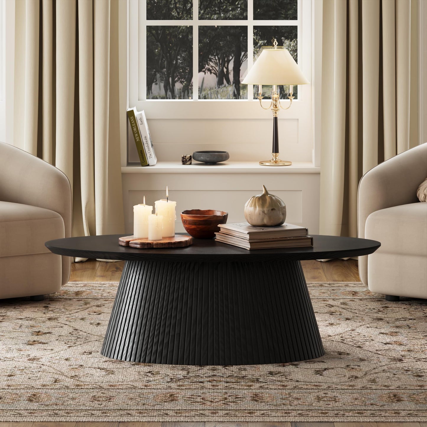 win2win Oval Coffee Table, Mid Century Modern Coffee Table with Fluted Design, Small Funky Tea Table with Wood Grain Veneer, Minimalist Center Table for Living Room, Apartment, Office, Walnut