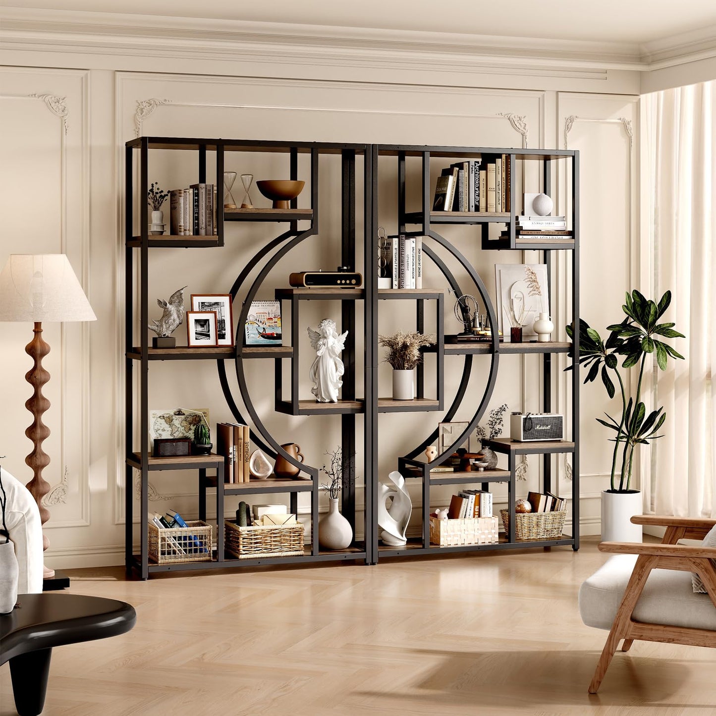 70.8" Tall Bookshelf Set of 2, 79" Wide Geometric Display Shelf with 18 Open Storage Shelves, Scratch-Resistant Gray Wash & Metal Frame, for Living Room, Office, Bedroom – Anti-Tip & Adjustable Feet