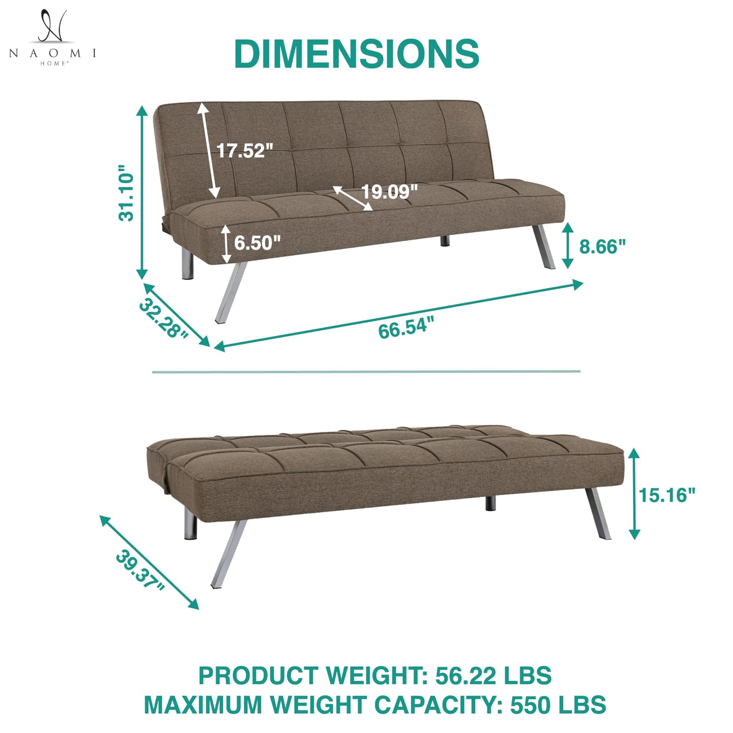 Naomi Home Madison Futon Sofa Bed, Tan Linen, 3-Position Convertible, Space-Saving, 66.14" W
